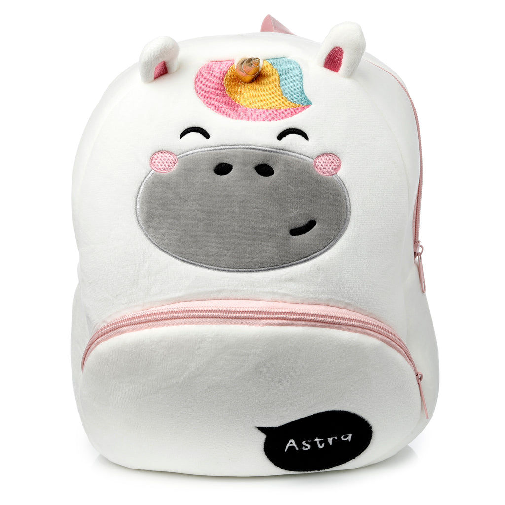 Astra the Unicorn plush kids backpack with golden horn and sleepy eyes.