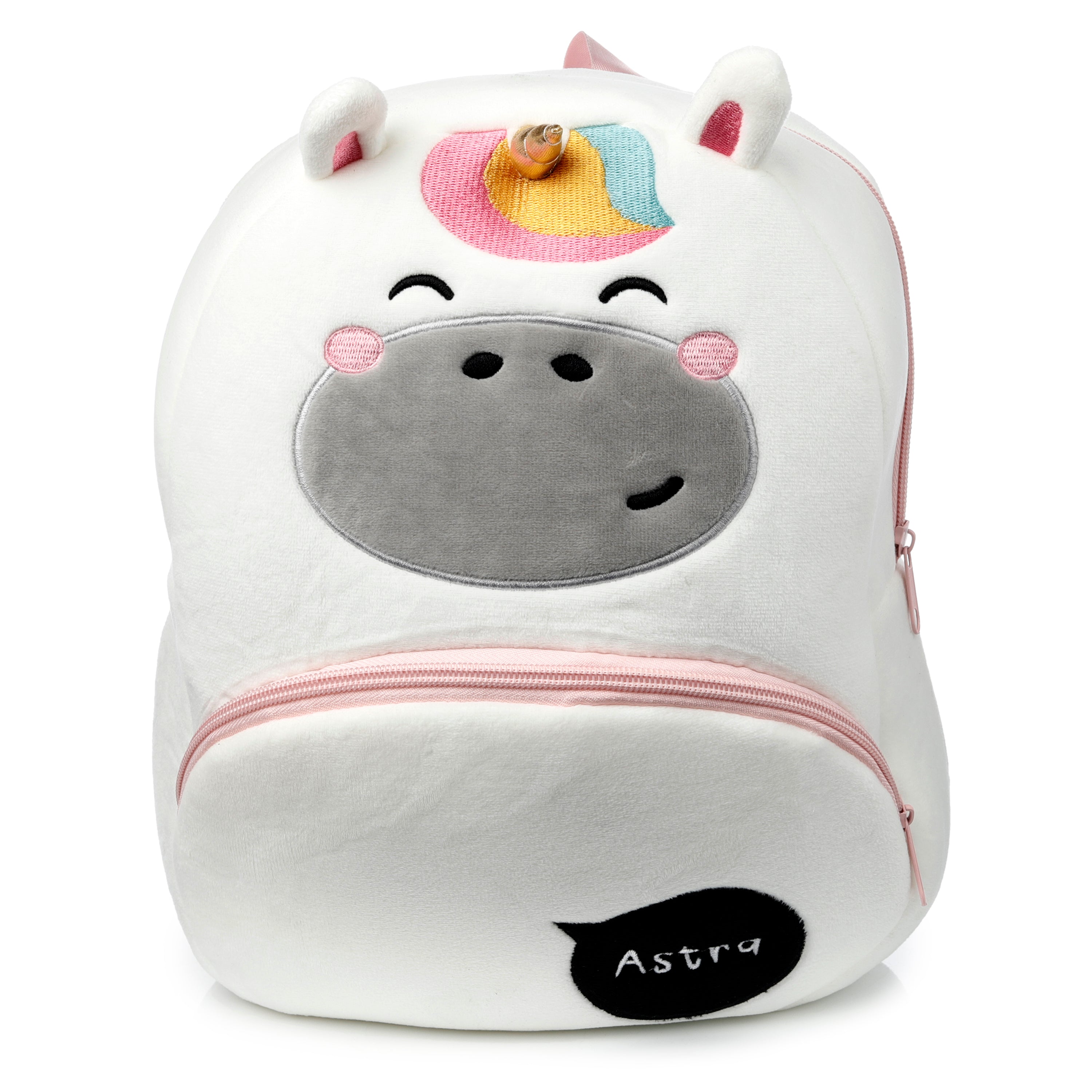 Astra the Unicorn plush kids backpack with golden horn and sleepy eyes.
