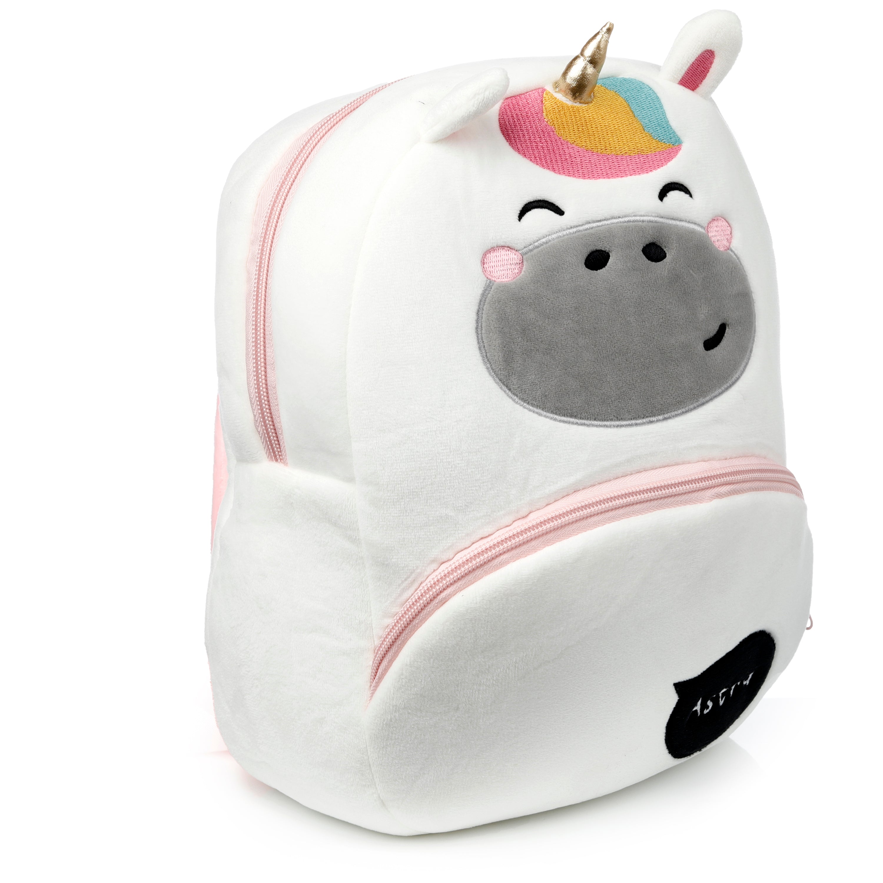 Left side profile of Astra unicorn backpack showing the 3D ears and lightweight design.