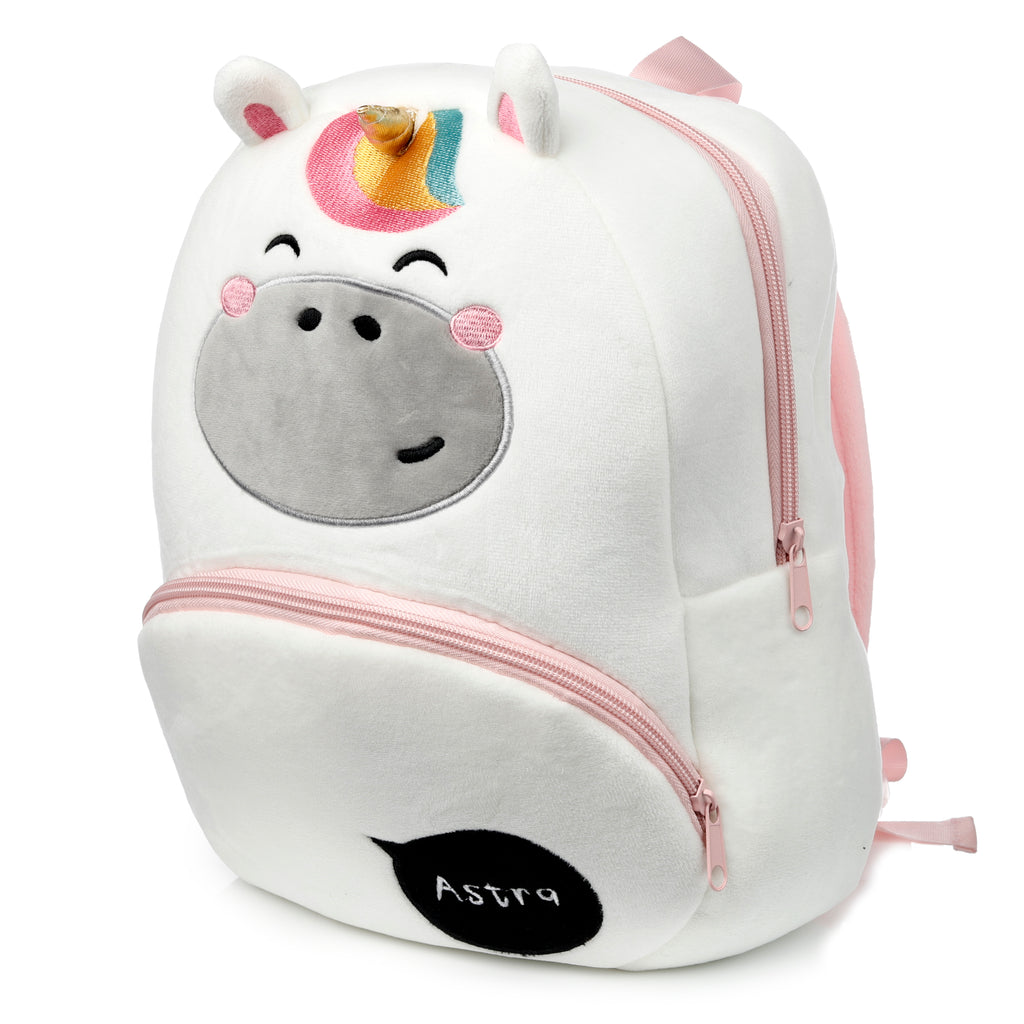 Right side profile of Astra unicorn backpack showing the 3D ears and lightweight design.