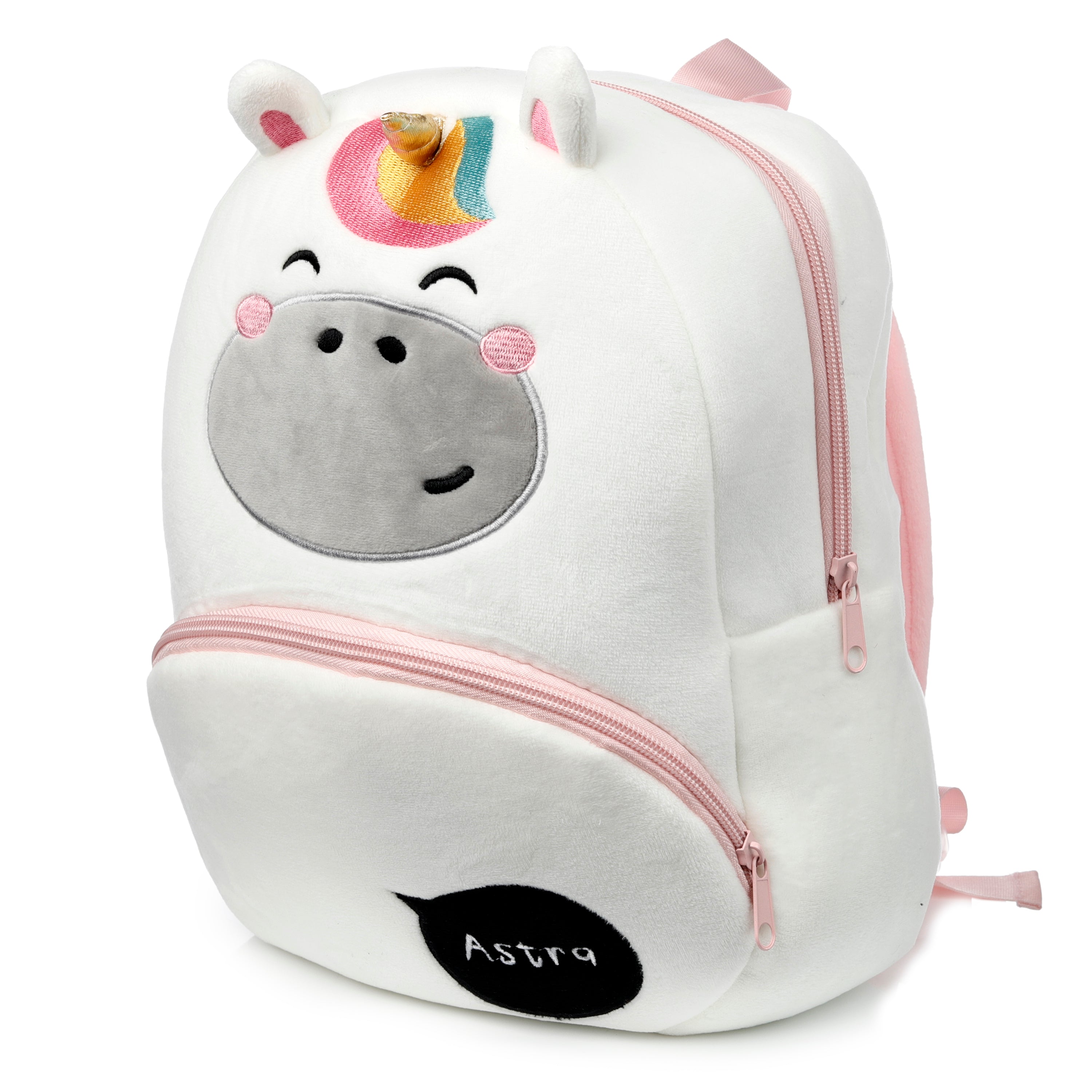 Right side profile of Astra unicorn backpack showing the 3D ears and lightweight design.