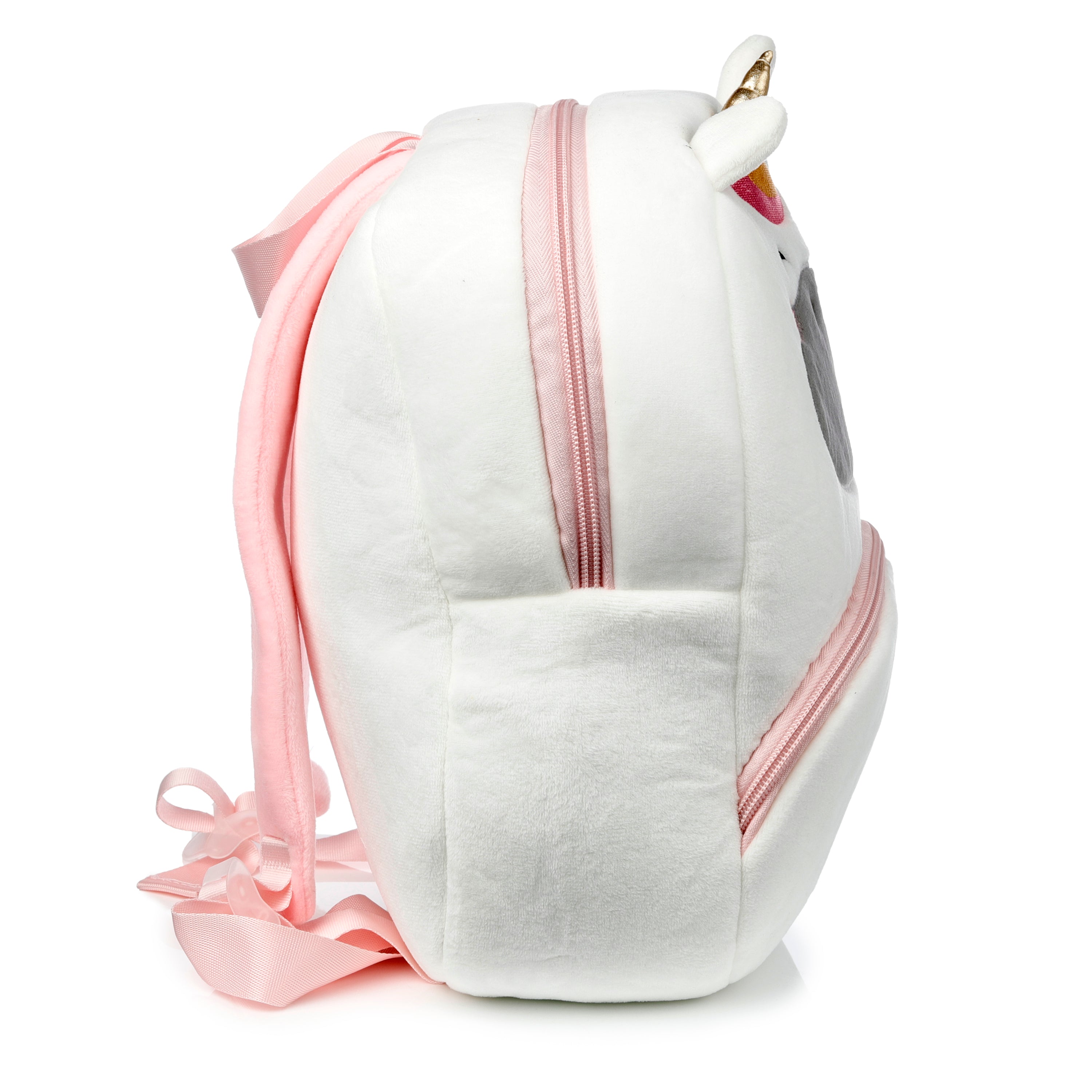 Side profile of Astra unicorn backpack showing the 3D ears and lightweight design.