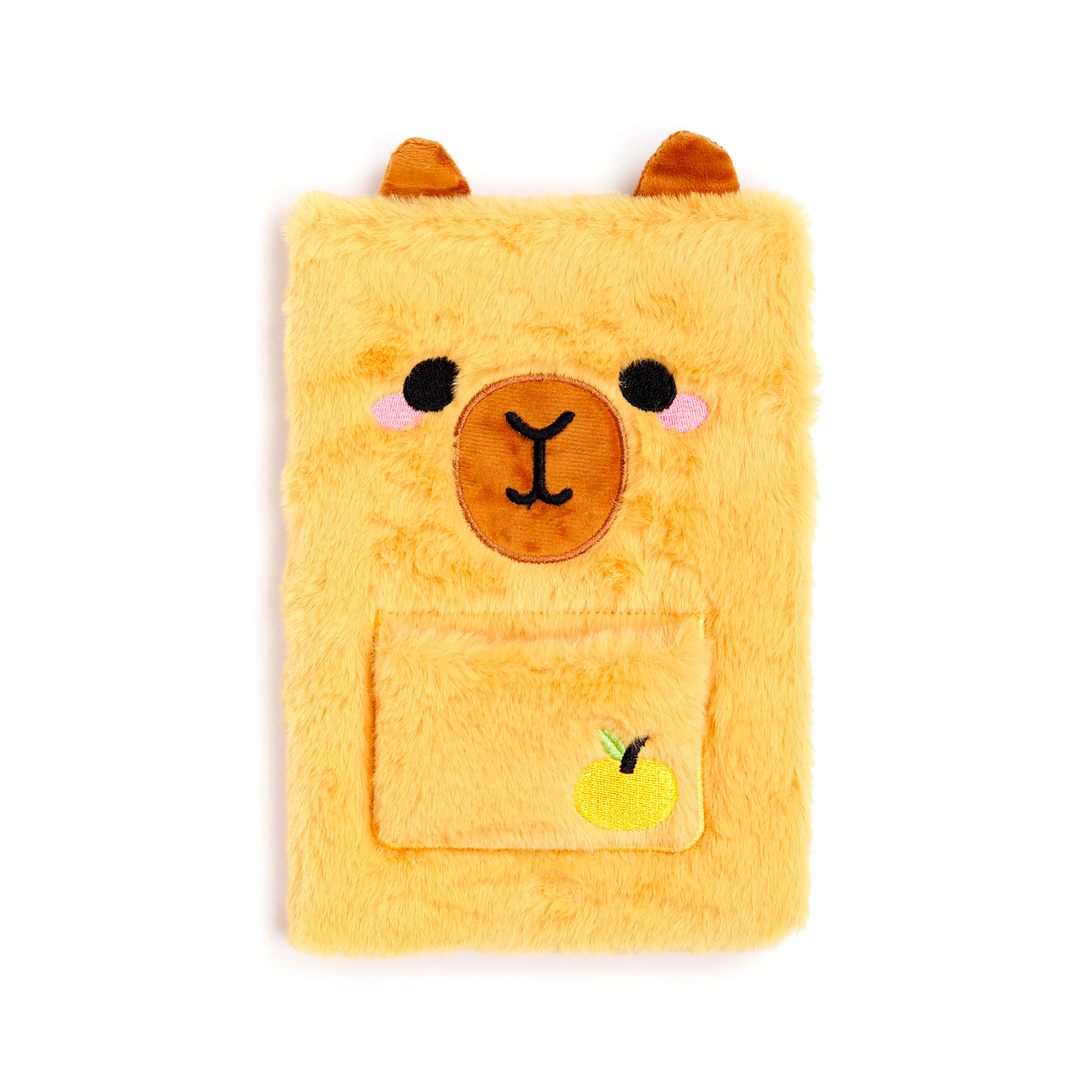 Capybara plush notebook set featuring a fuzzy brown A5 journal with a mini notebook tucked into a front pouch large.