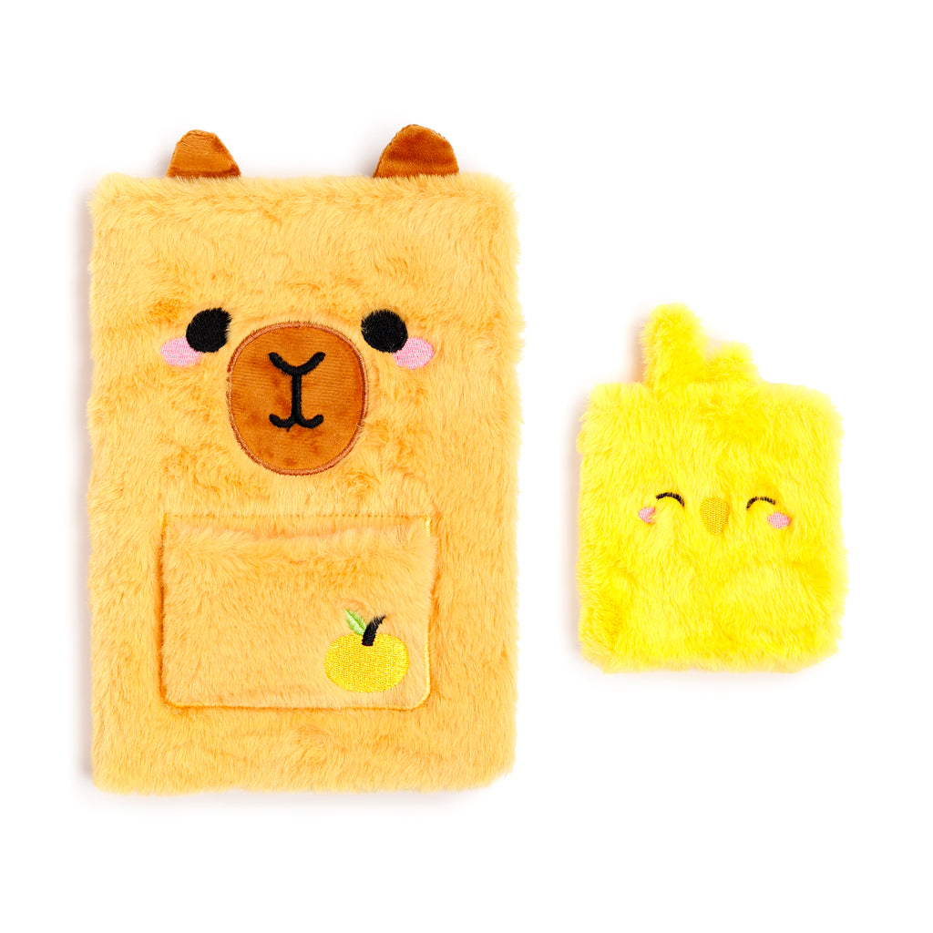 Adoramals Capybara stationery gift set: an A5 plush animal journal and tiny pocket notebook for school or journaling set.