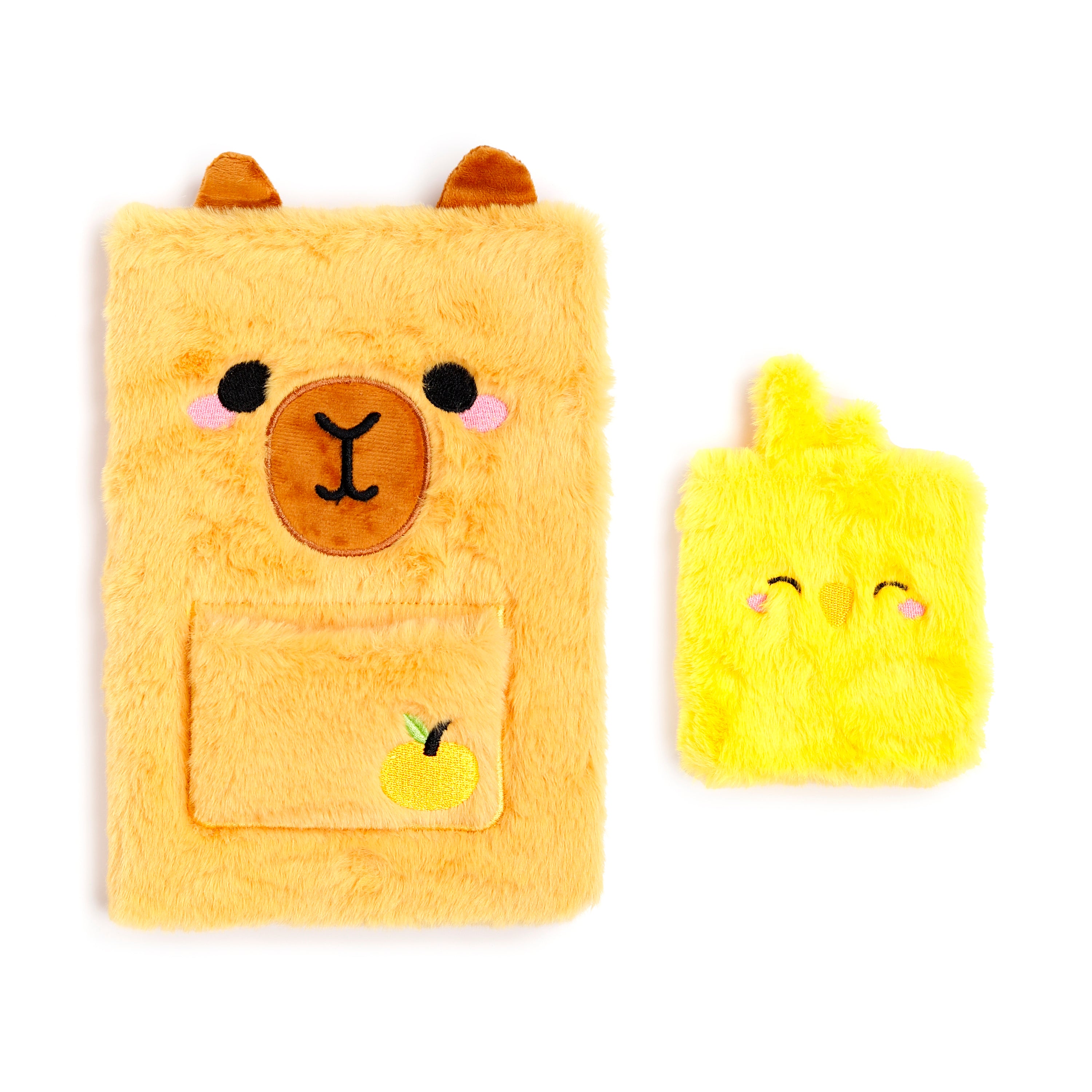 Adoramals Capybara stationery gift set: an A5 plush animal journal and tiny pocket notebook for school or journaling set.