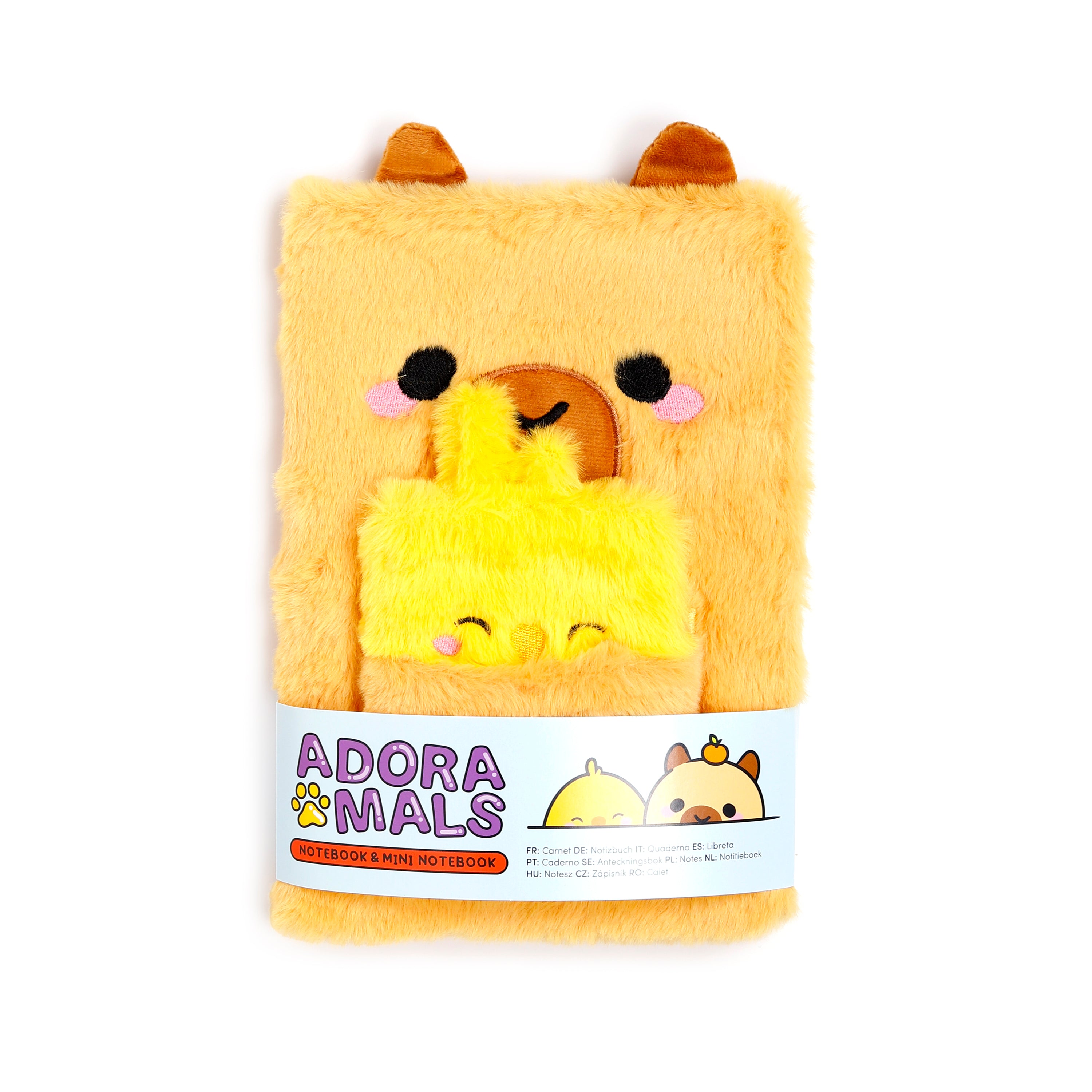 Capybara plush notebook set featuring a fuzzy brown A5 journal with a mini notebook tucked into a front pouch wrapped.