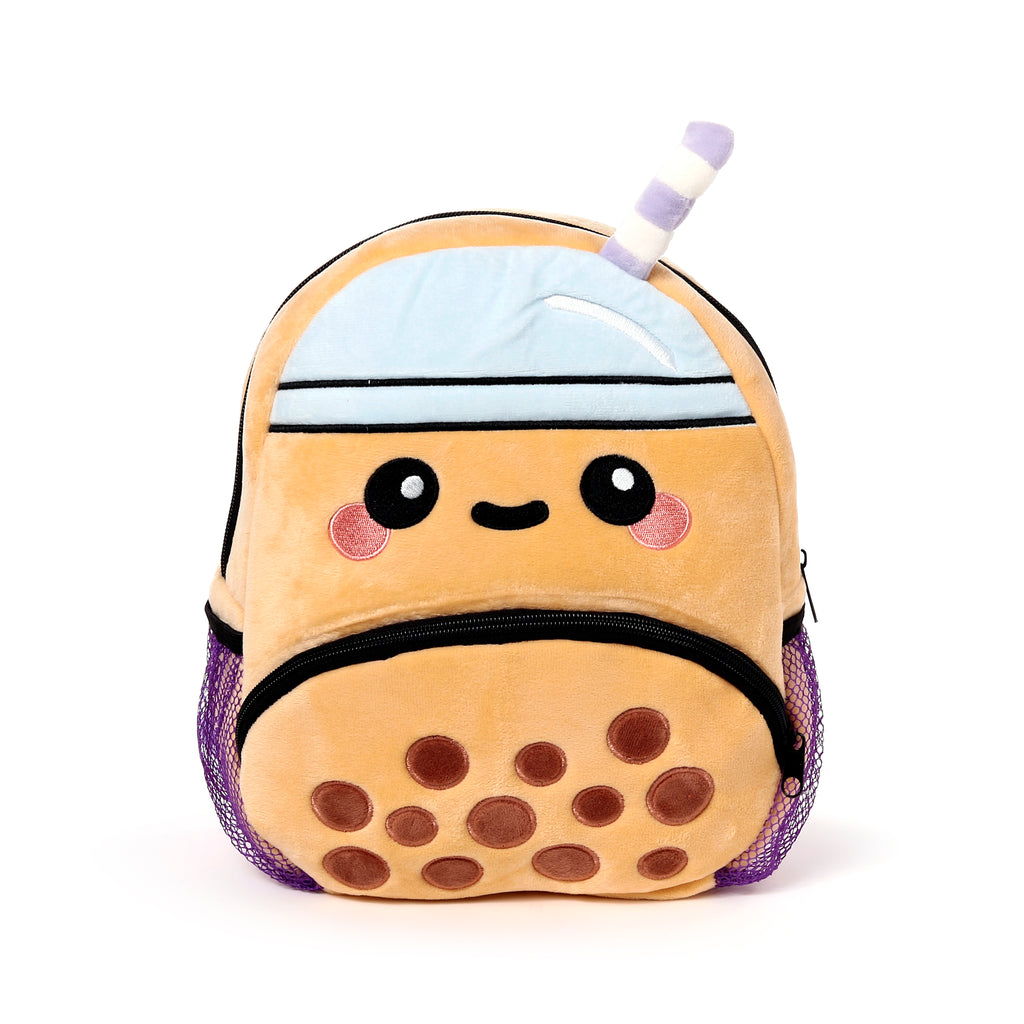 Boba the Bubble Tea plush kids backpack with 3D straw and embroidered pearls.