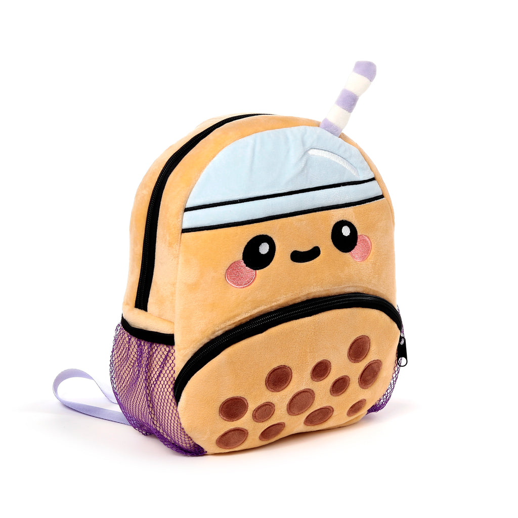 Left side view of Foodiemals Boba tea backpack showing Zip and Pockets and depth.