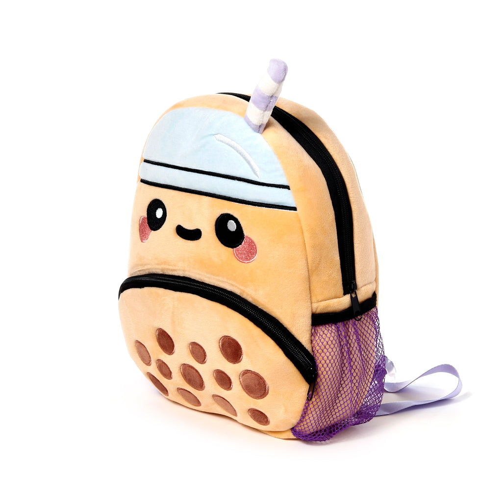 Right side view of Foodiemals Boba tea backpack showing Zip and Pockets and depth.