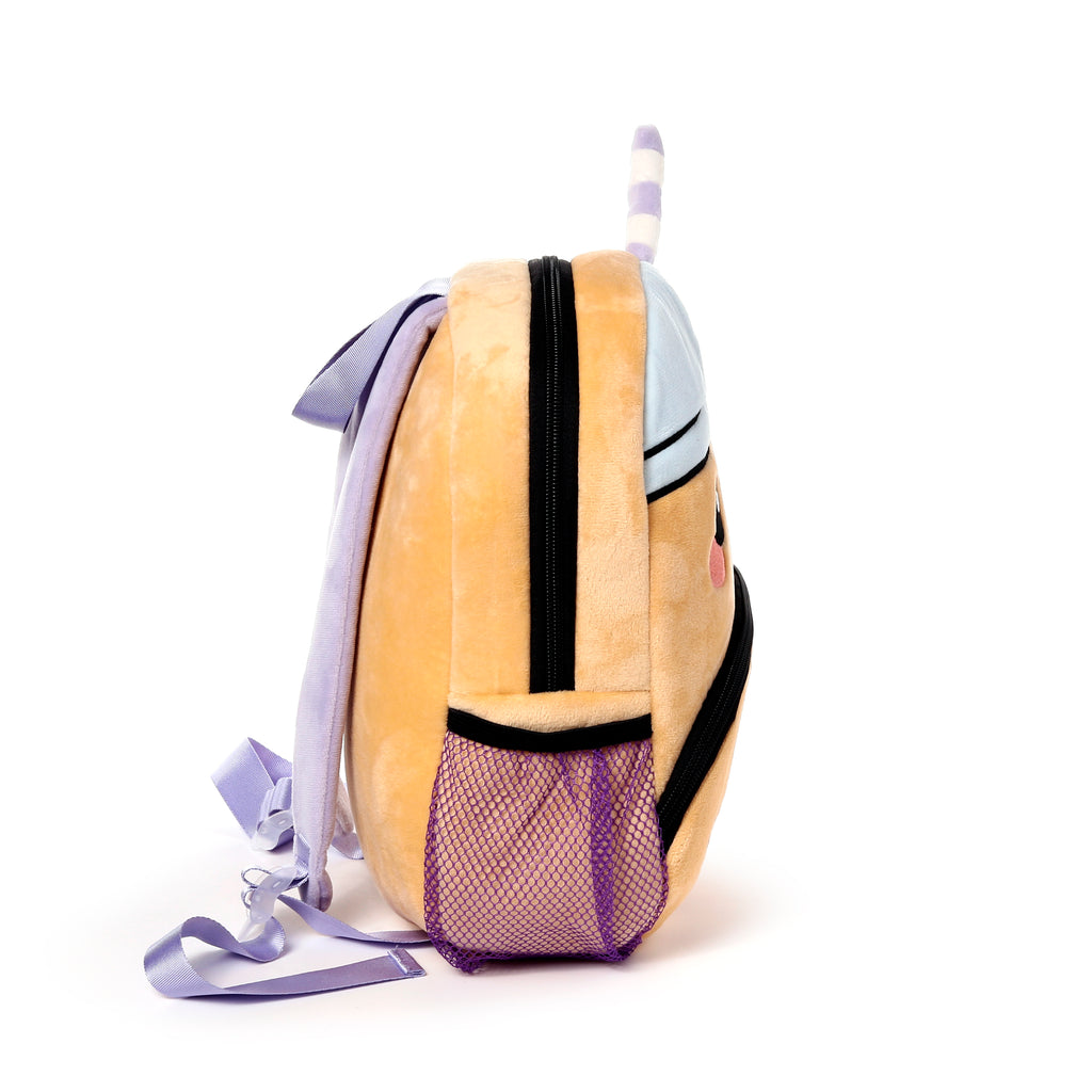 Side view of Foodiemals Boba tea backpack showing adjustable shoulder straps and depth.