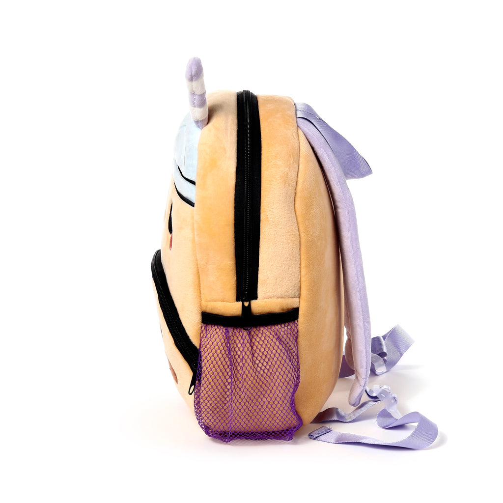 Side view of Foodiemals Boba tea backpack showing adjustable shoulder straps and depth.