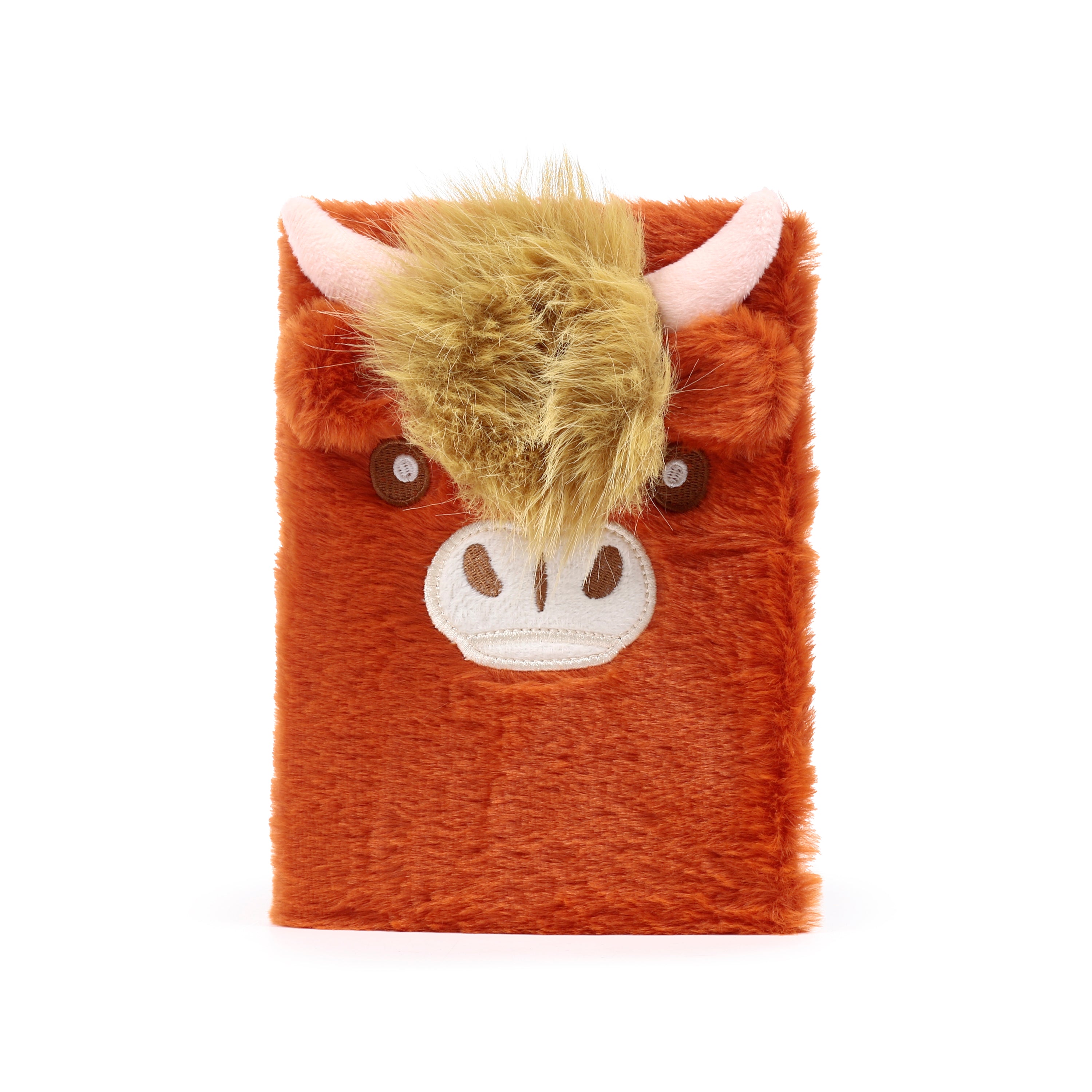 Front view of a shaggy ginger Highland Cow notebook featuring long-pile faux fur, an embroidered winking face, and soft plush horns.