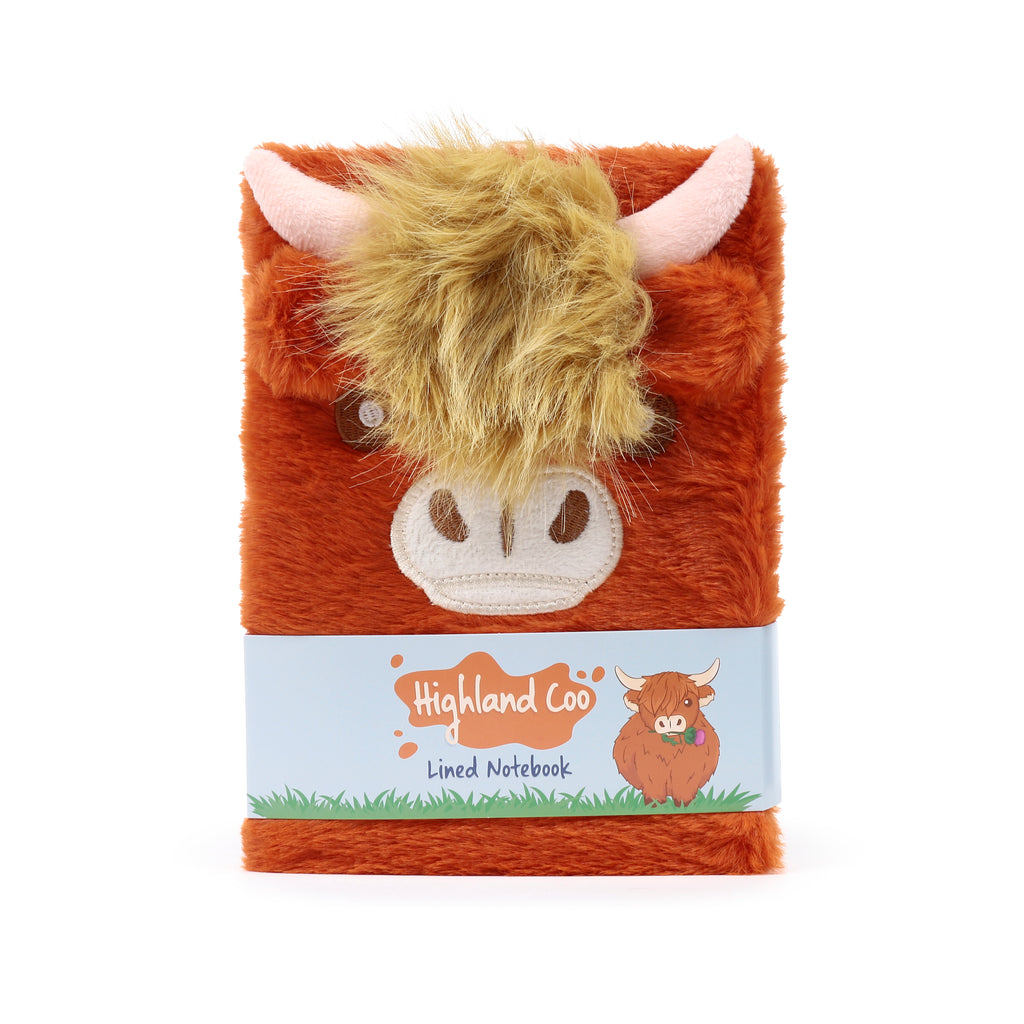 Highland Coo fuzzy animal journal for kids, featuring a soft shaggy coat and lined A5 paper Front