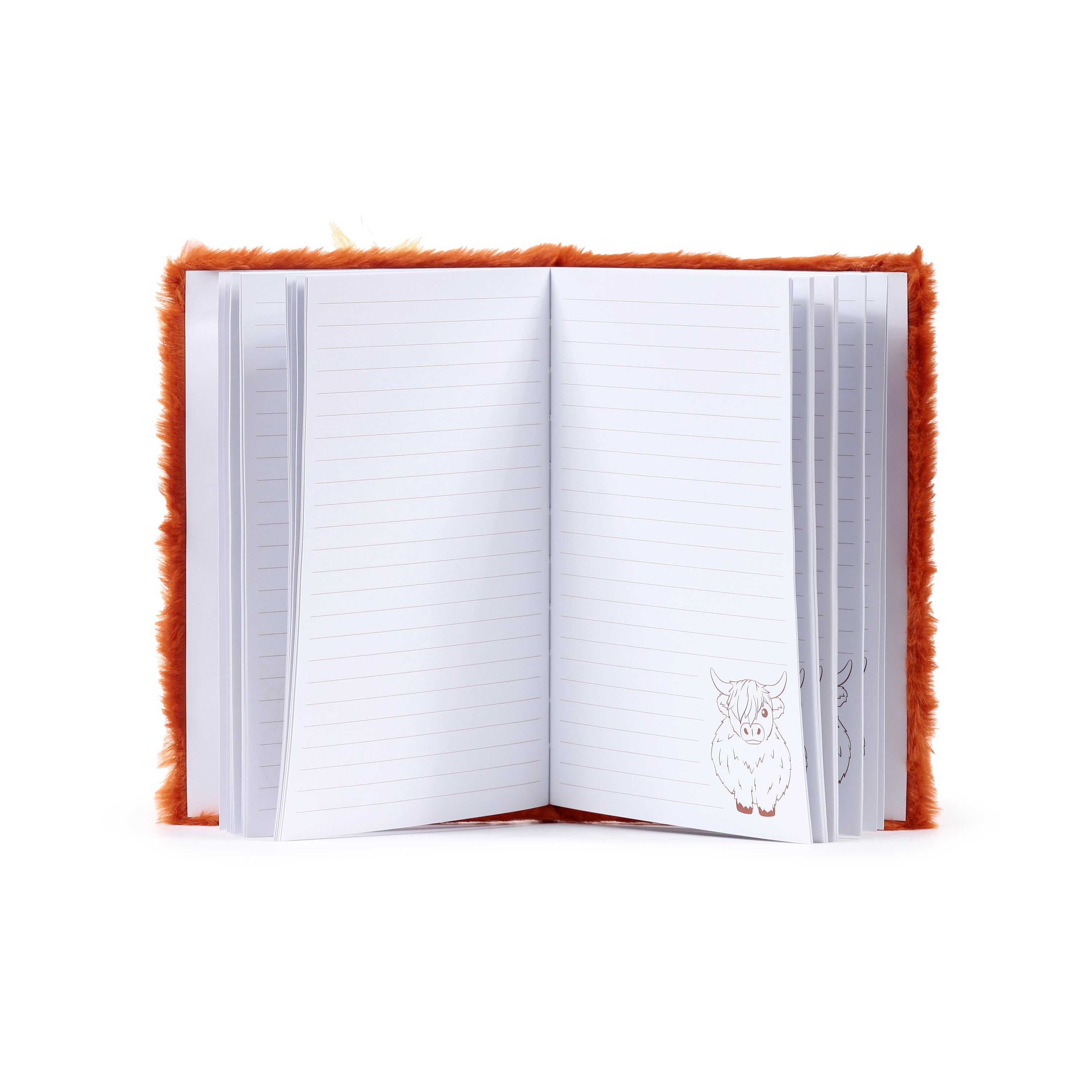 Open view of a shaggy ginger Highland Cow notebook featuring long-pile faux fur, an embroidered winking face, and soft plush horns.