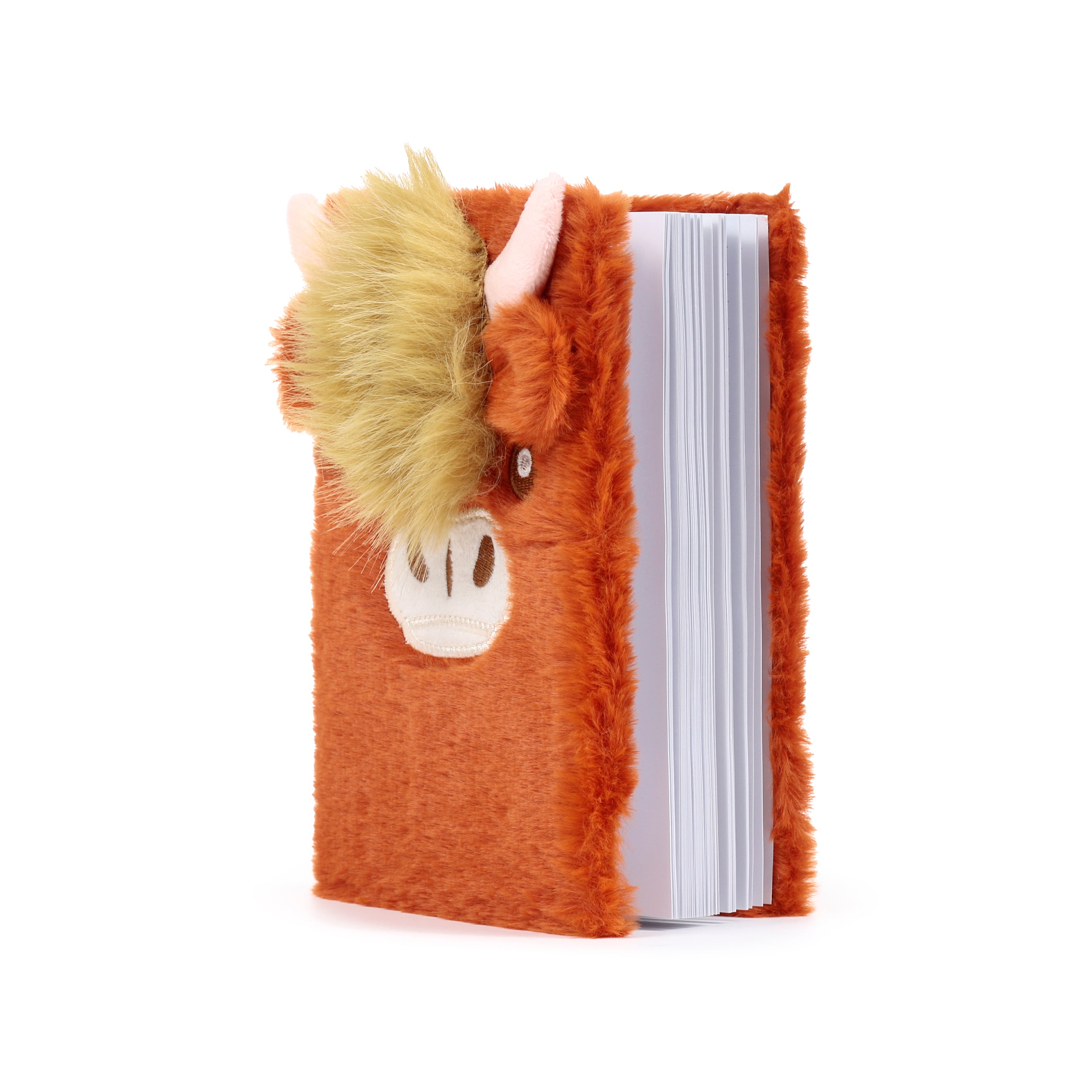 Fuzzy Highland Coo Cow plush notebook with shaggy orange fur, 3D ears, and small horns right.