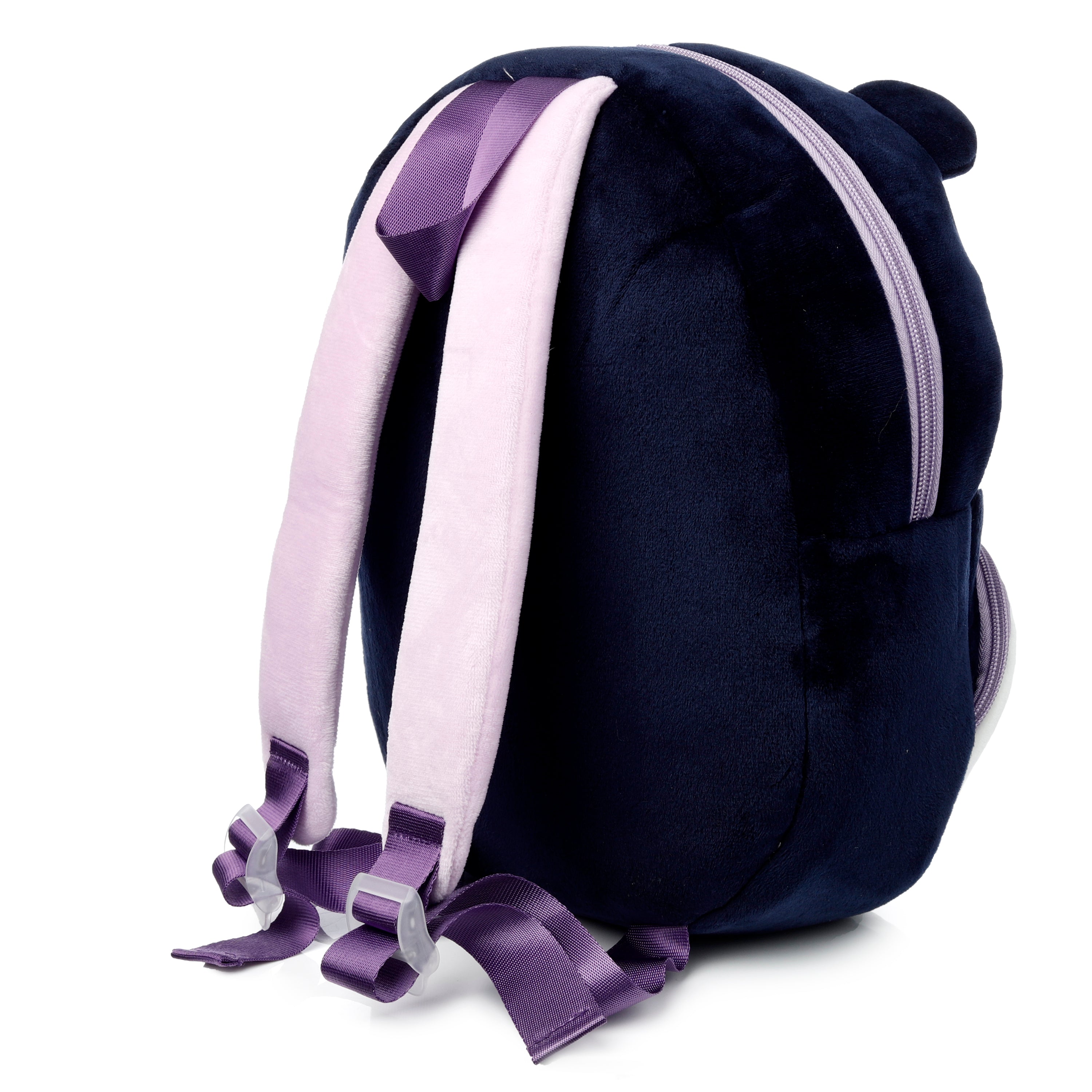 Lilac adjustable shoulder straps and top carry handle on panda backpack.