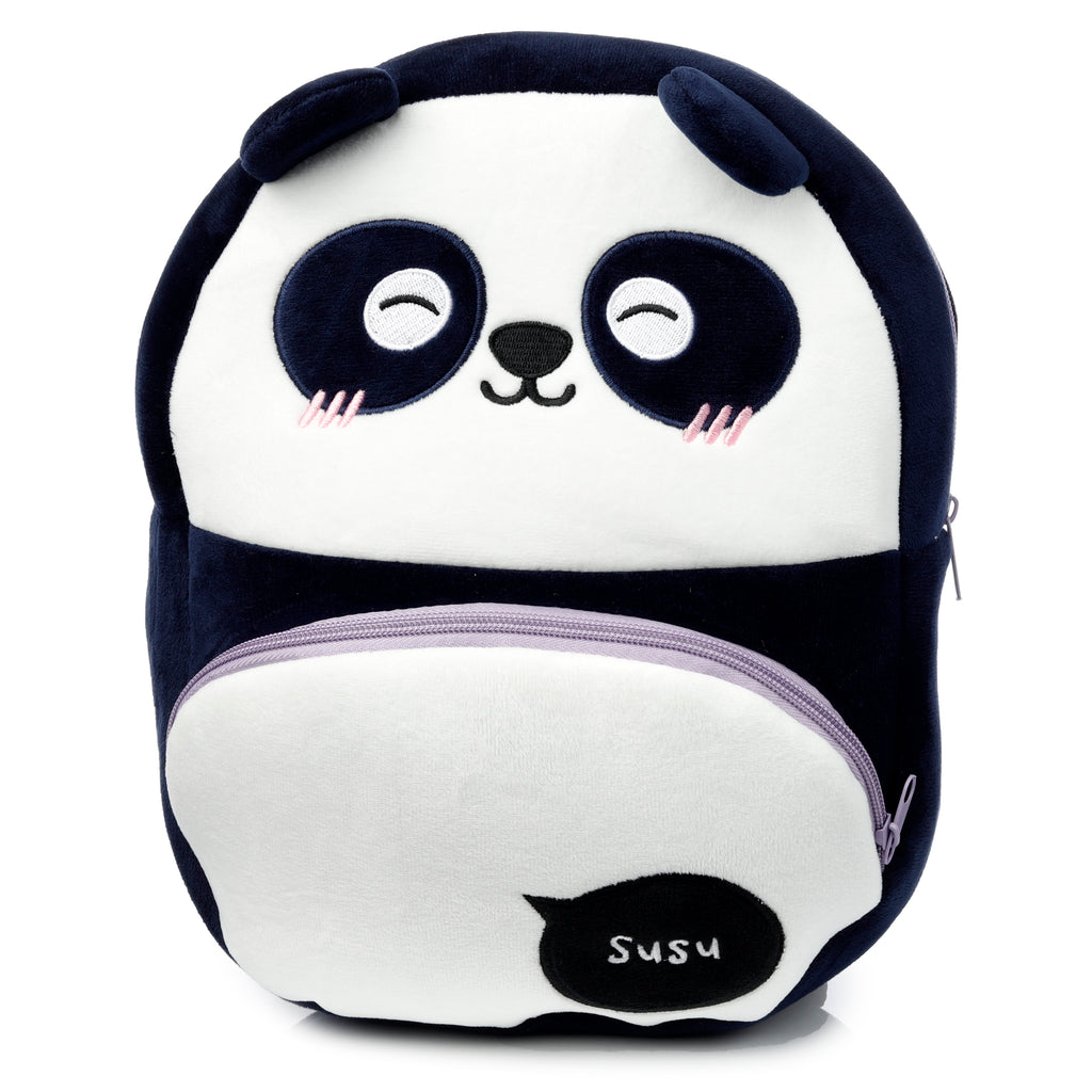 Susu the Panda plush kids backpack with 3D ears and rosy cheeks.