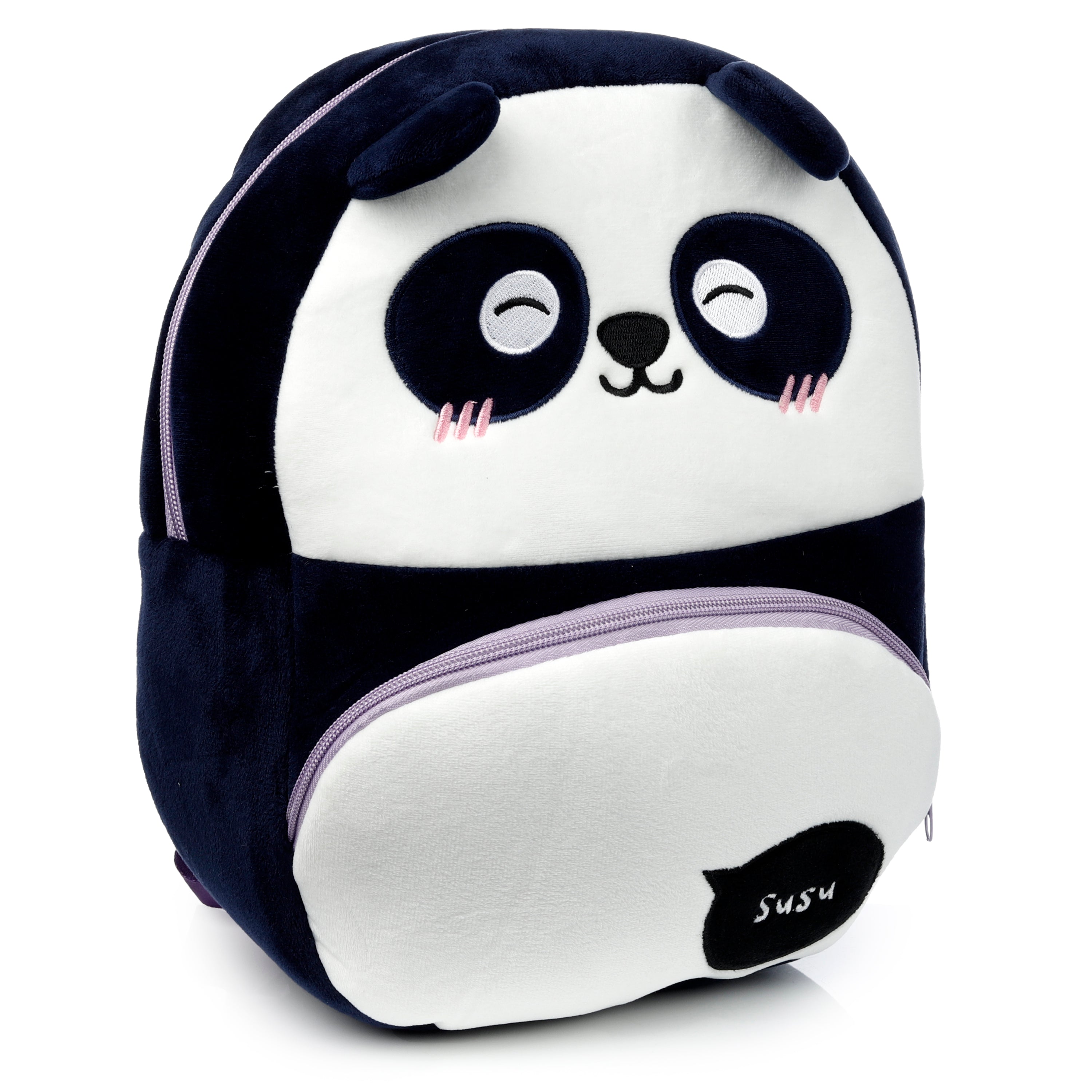 Left side profile of Susu the Panda backpack showing the 3D ears and lightweight design.