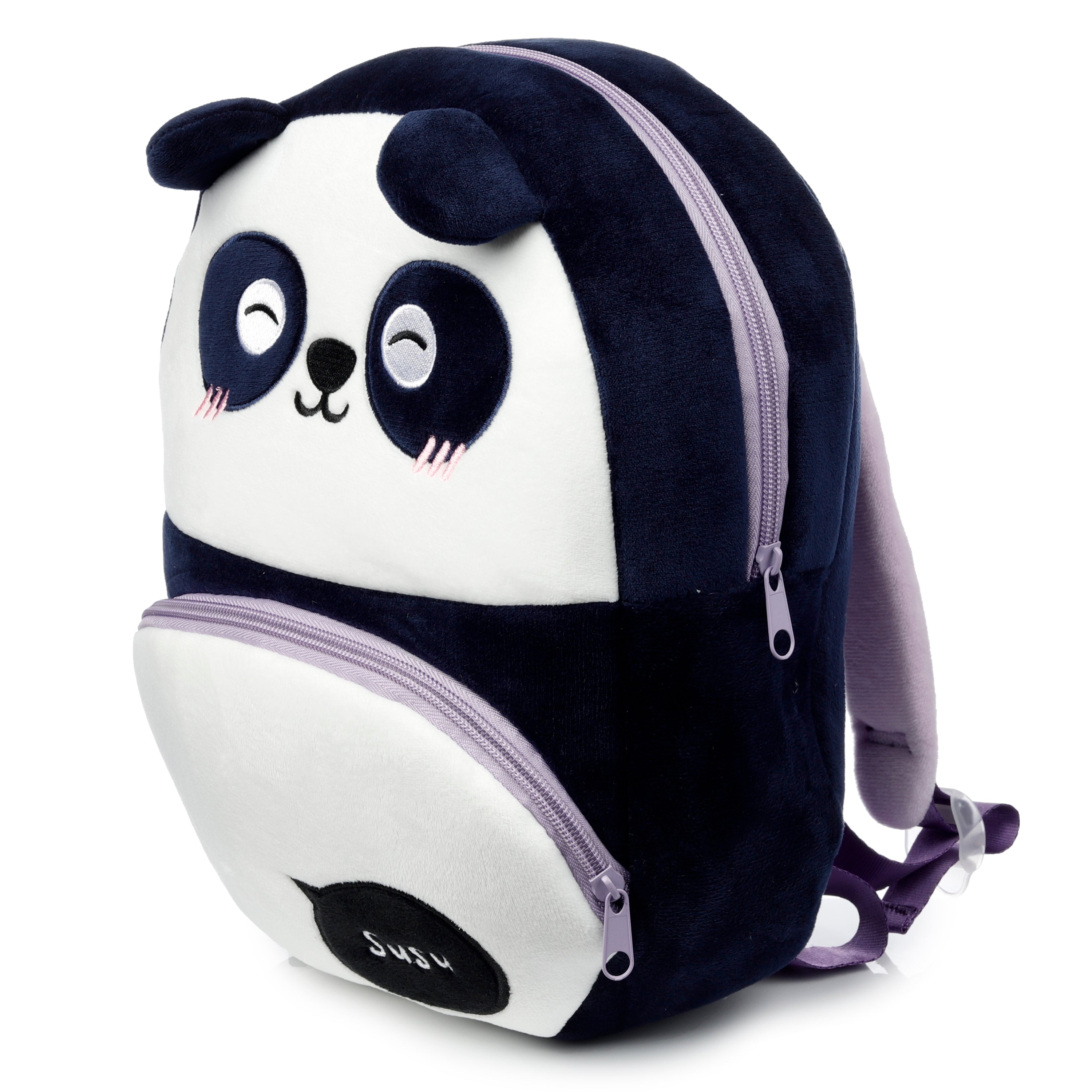 Right Side profile of Susu the Panda backpack showing the 3D ears and lightweight design.