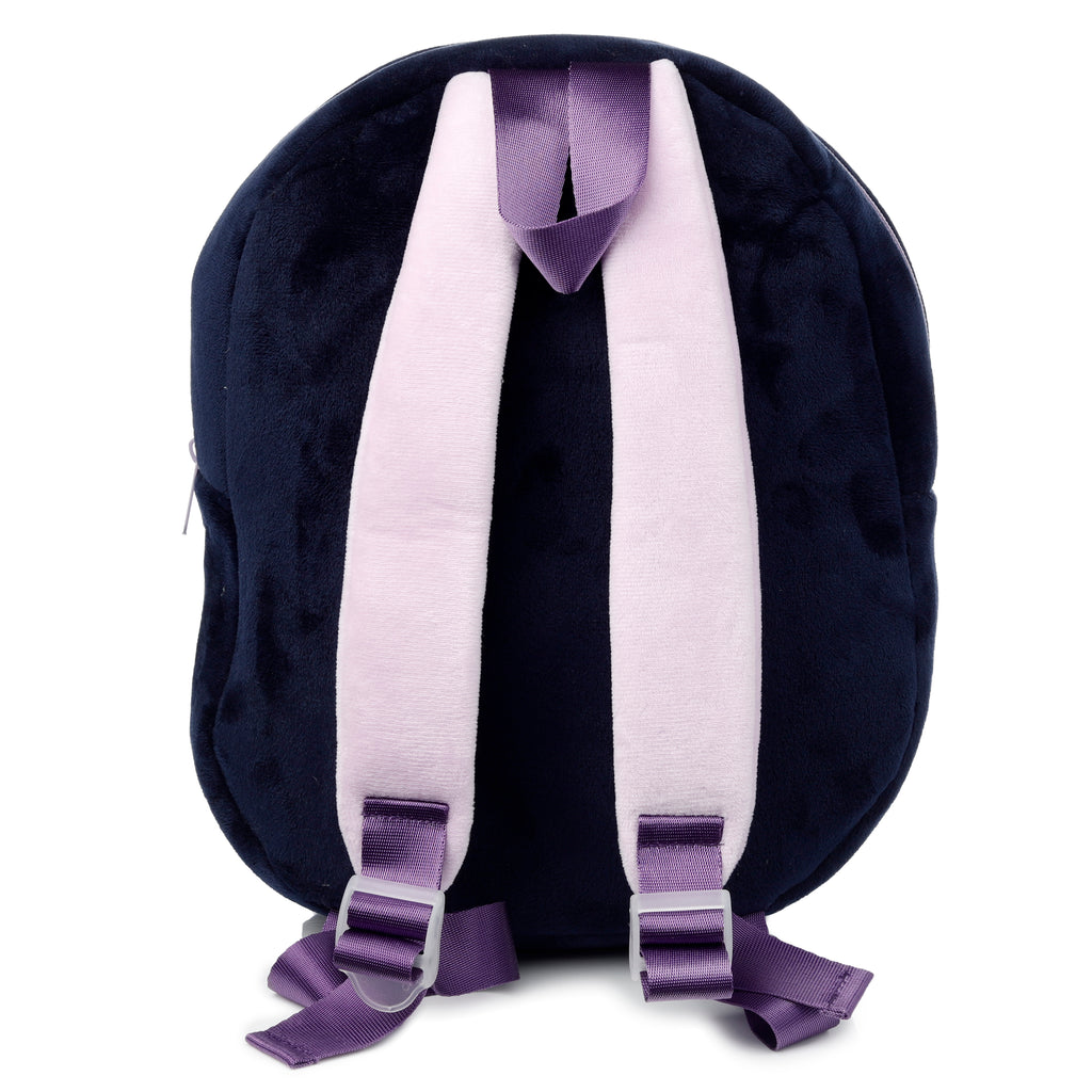 Lilac adjustable shoulder straps and top carry handle on panda backpack.