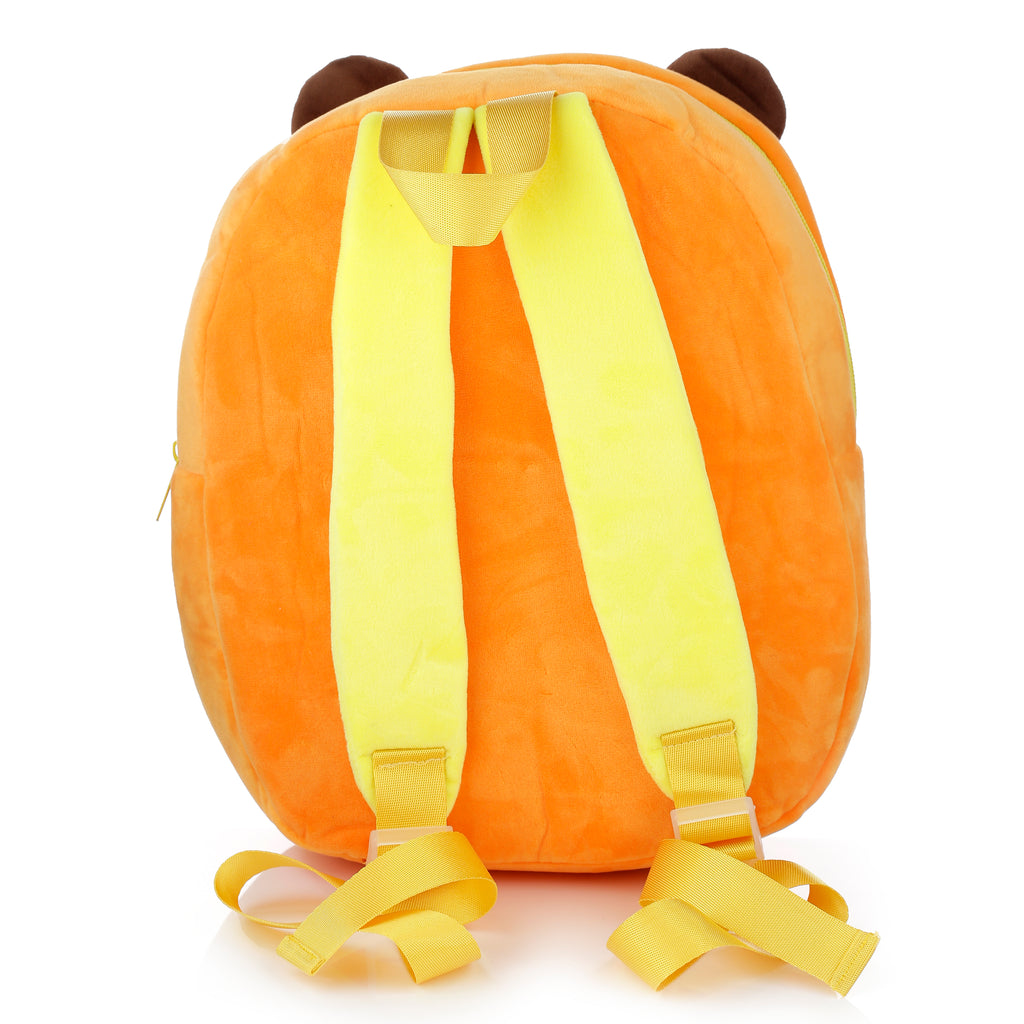 Bright yellow adjustable shoulder straps on the tiger plush toddler bag.