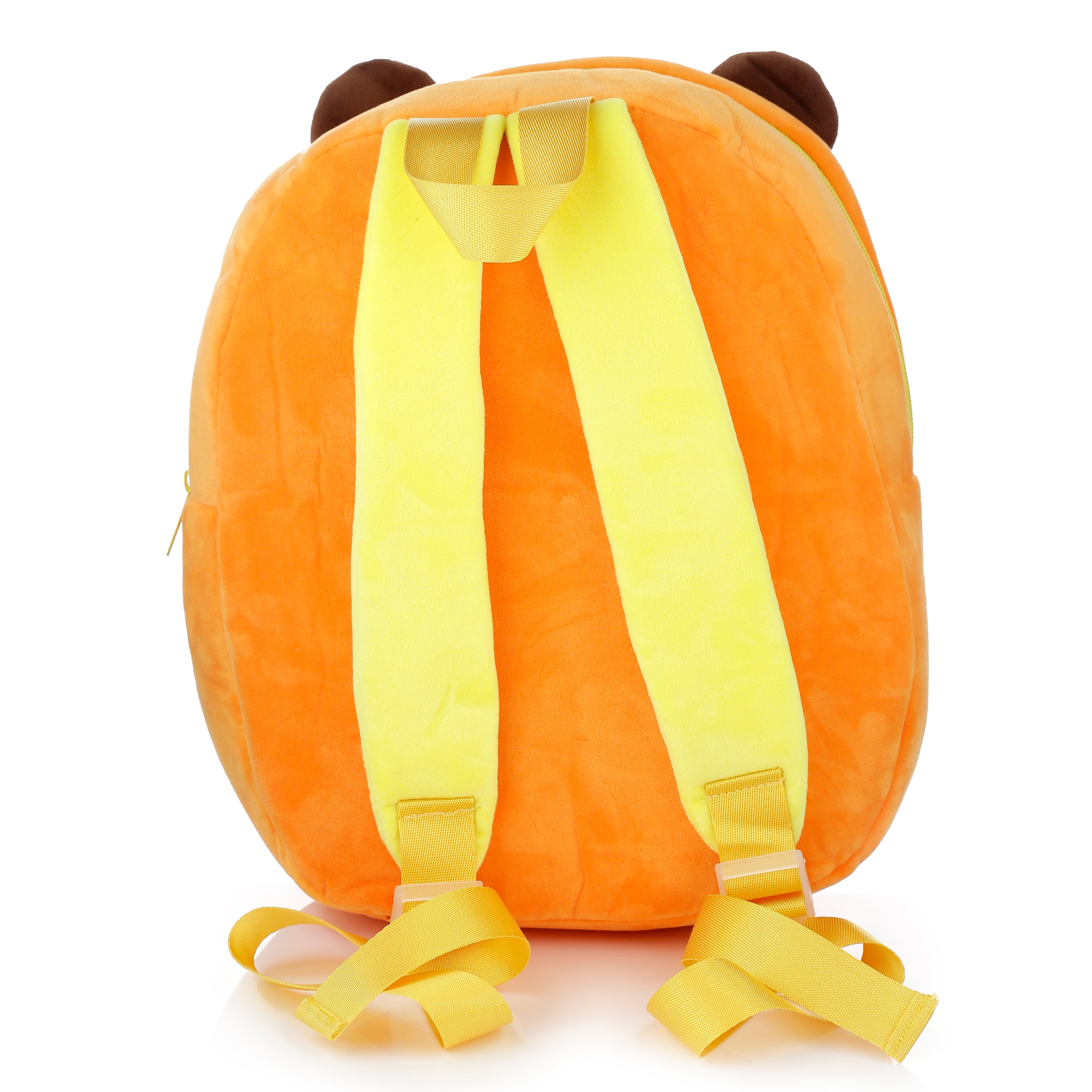 Bright yellow adjustable shoulder straps on the tiger plush toddler bag.