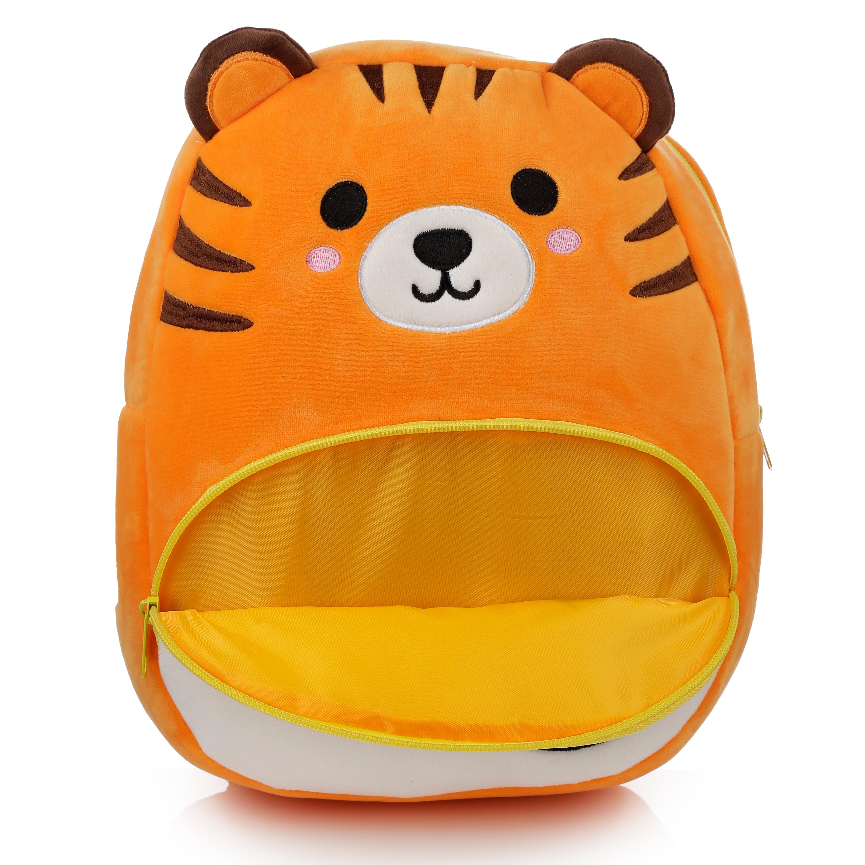 Open main compartment of tiger backpack showing space for nursery school supplies.