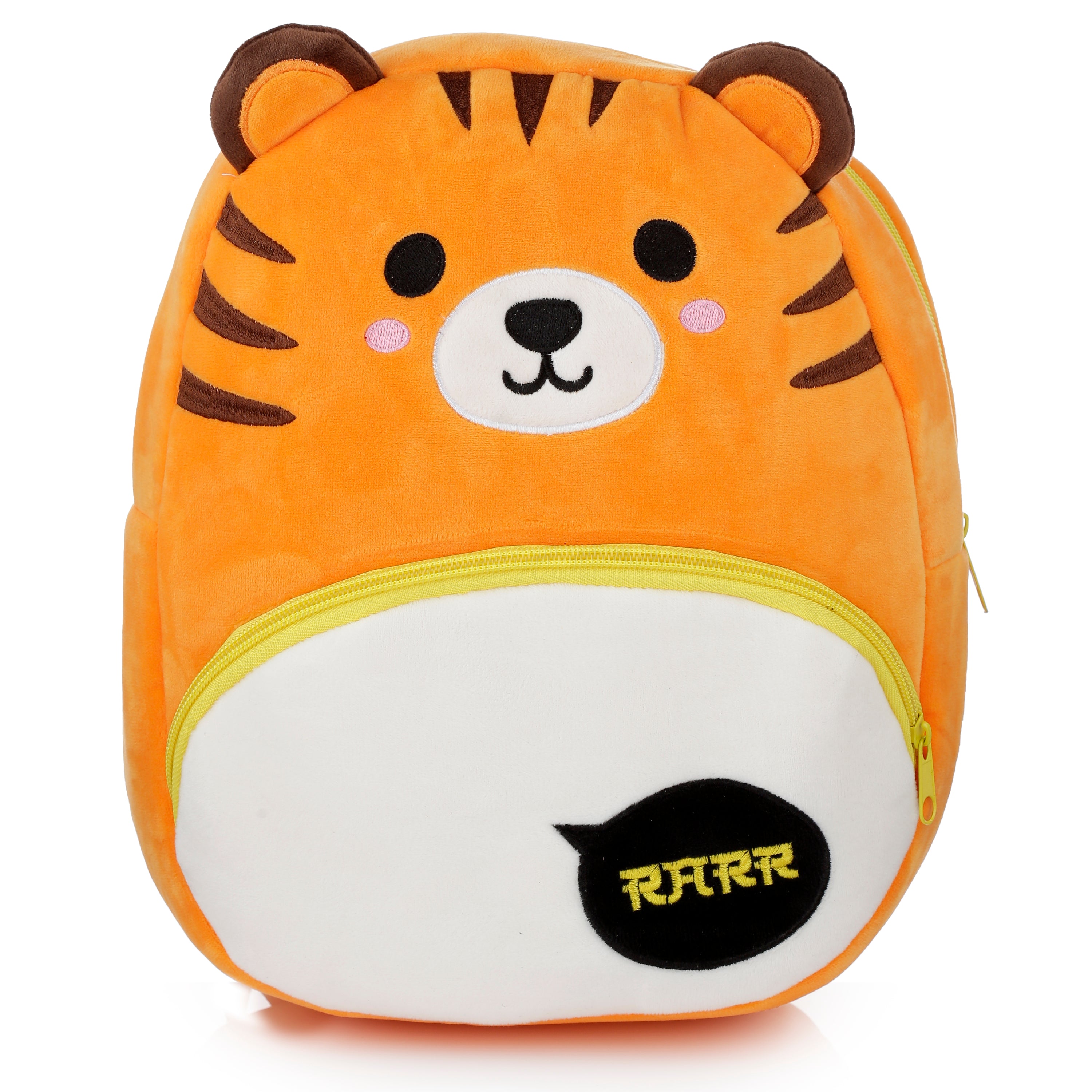 Adoramals Tiger plush kids backpack with orange stripes and RARR speech bubble.