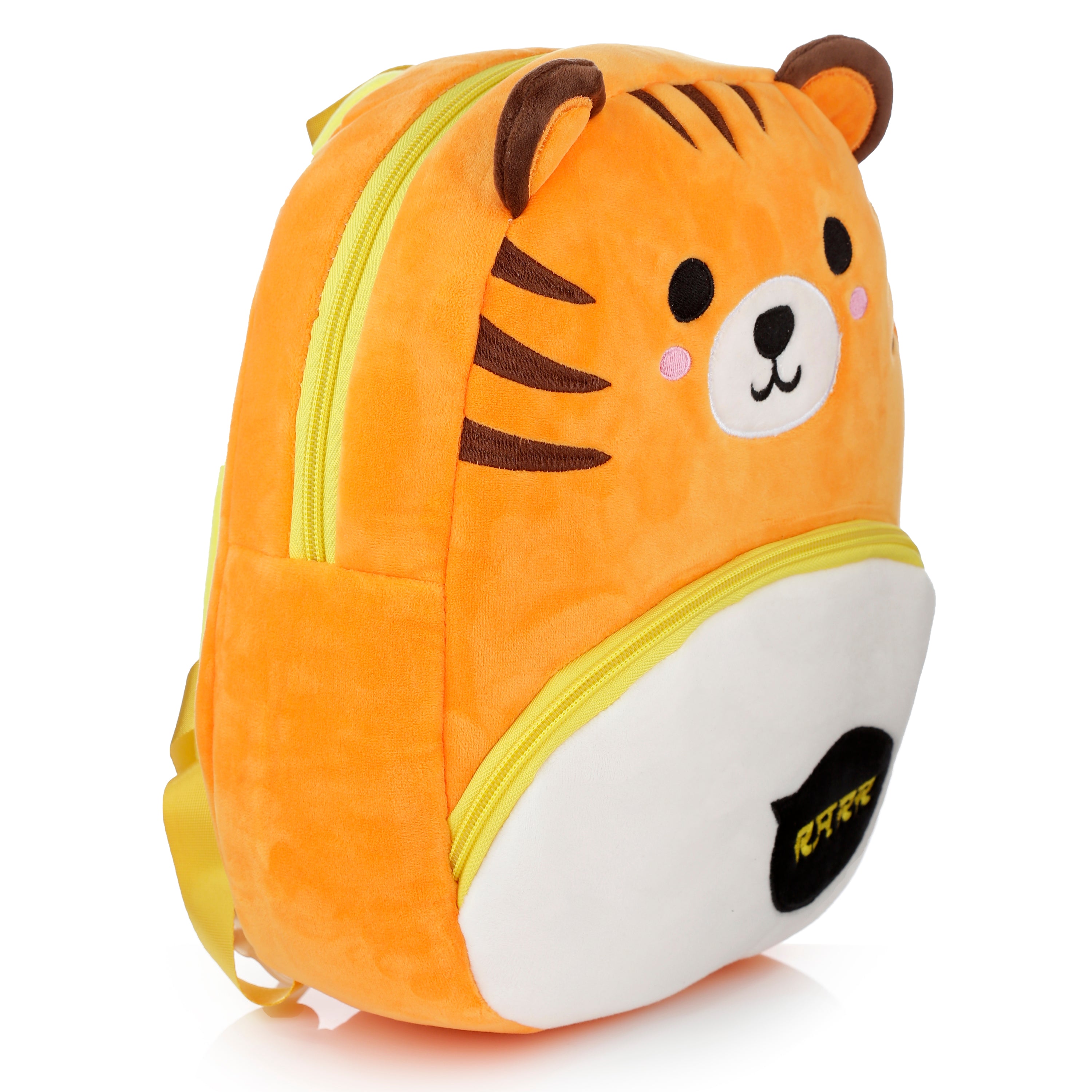Left side profile of the plush tiger bag showing its soft texture and 10cm depth.