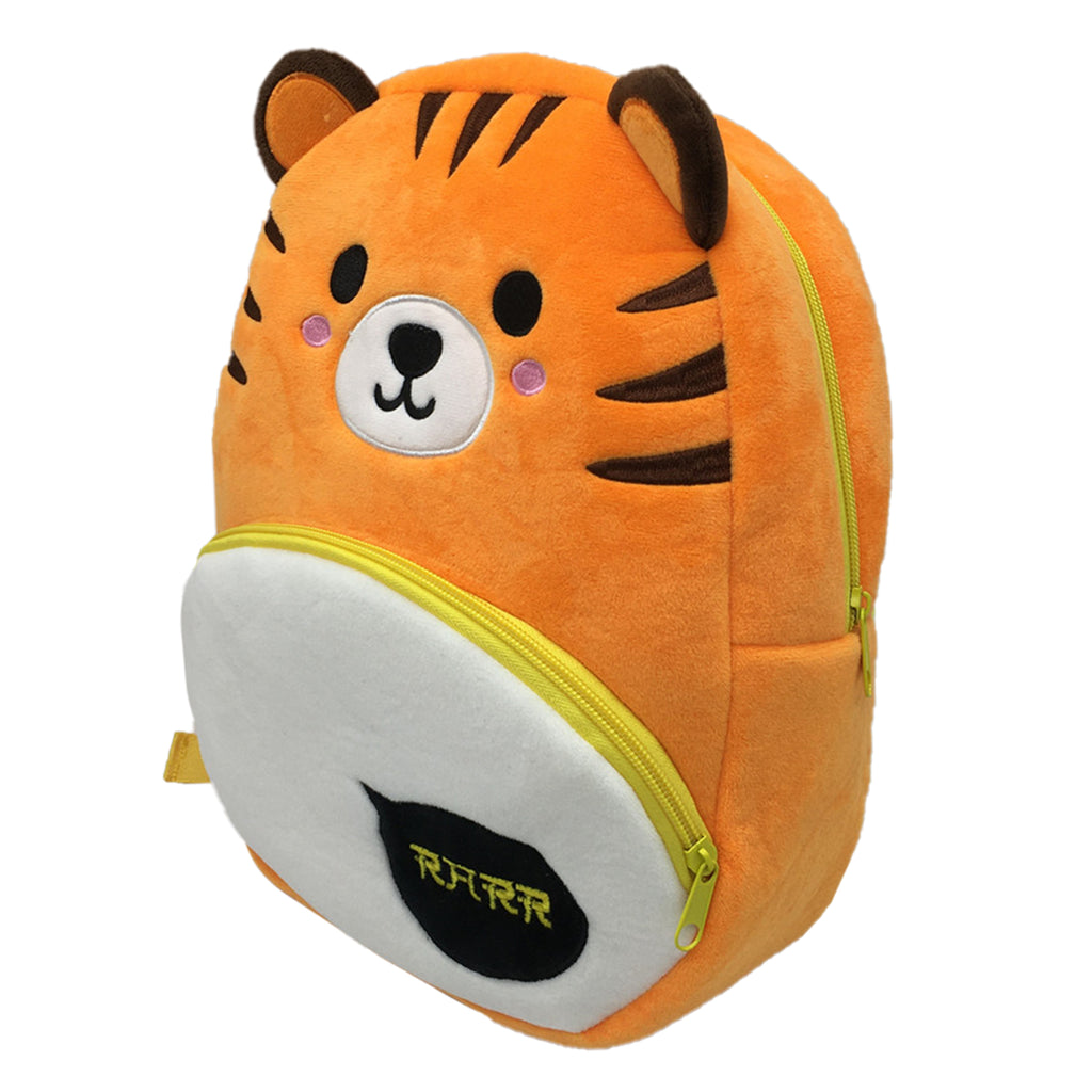 Right side profile of the plush tiger bag showing its soft texture and 10cm depth.
