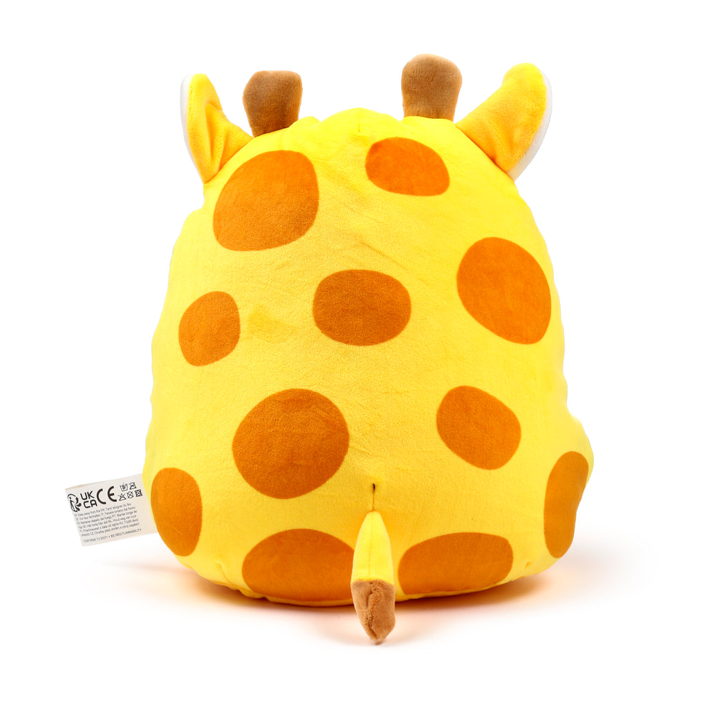 Squidglys Raffi the Giraffe plush toy with yellow fur, brown spots, and pink cheeks back.