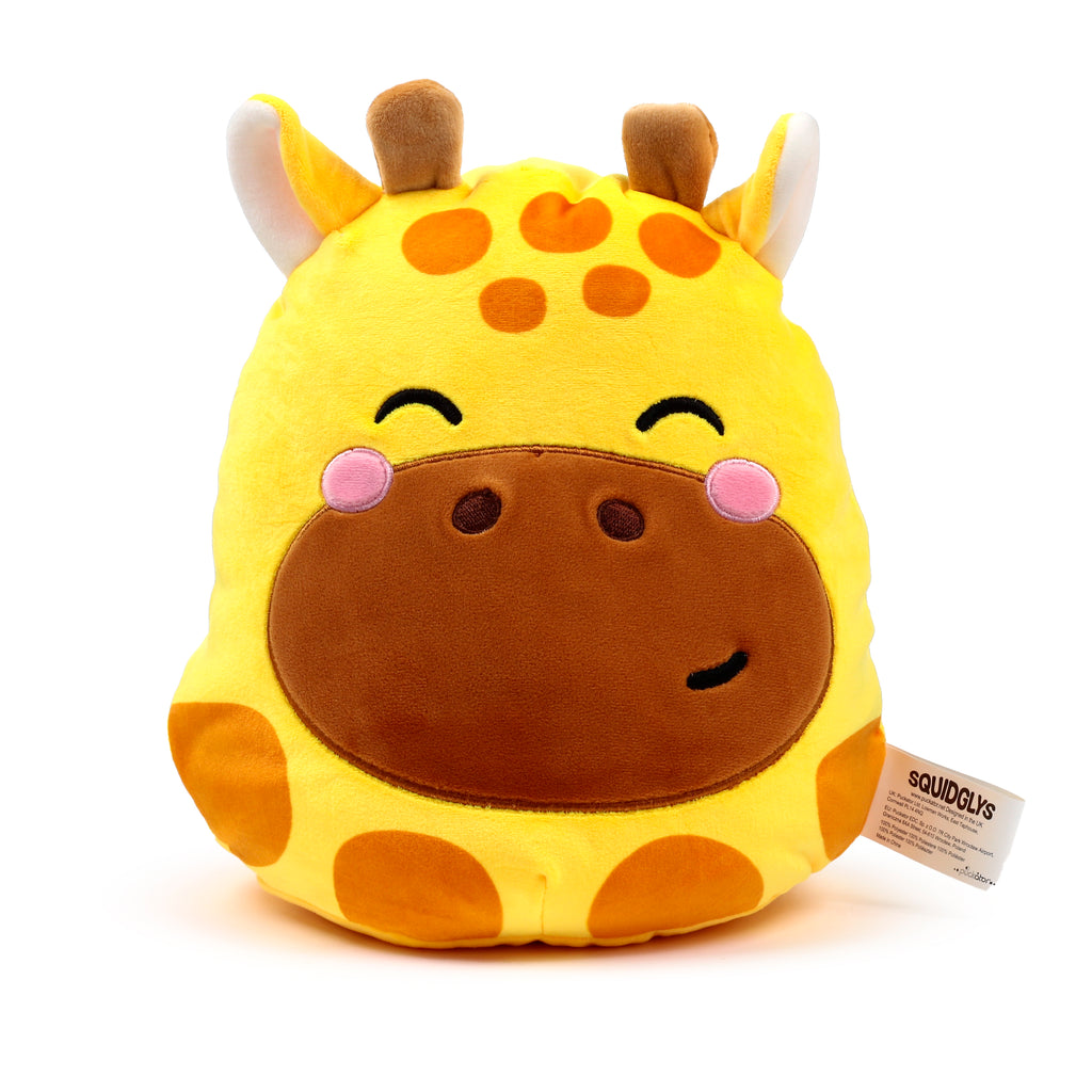 Squidglys Raffi the Giraffe plush toy with yellow fur, brown spots, and pink cheeks front.