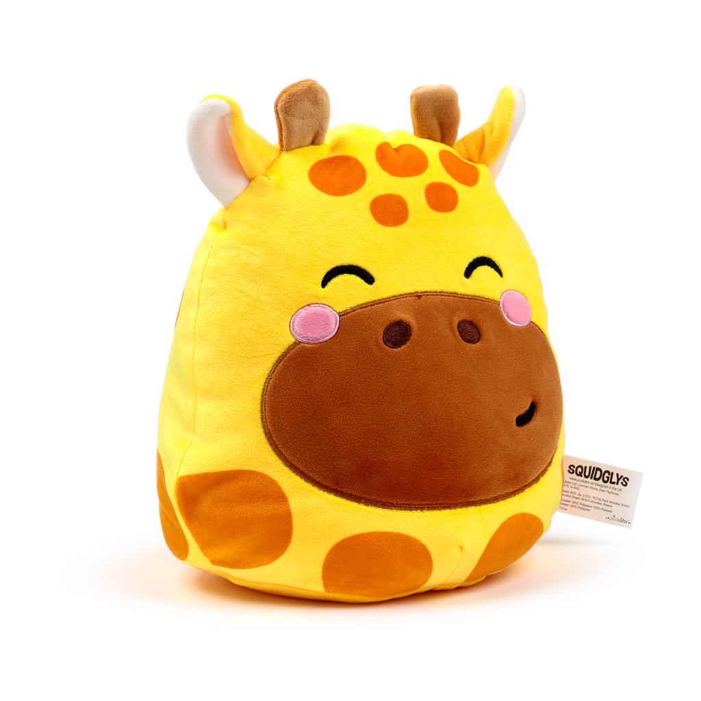 Squidglys Raffi the Giraffe plush toy with yellow fur, brown spots, and pink cheeks left.