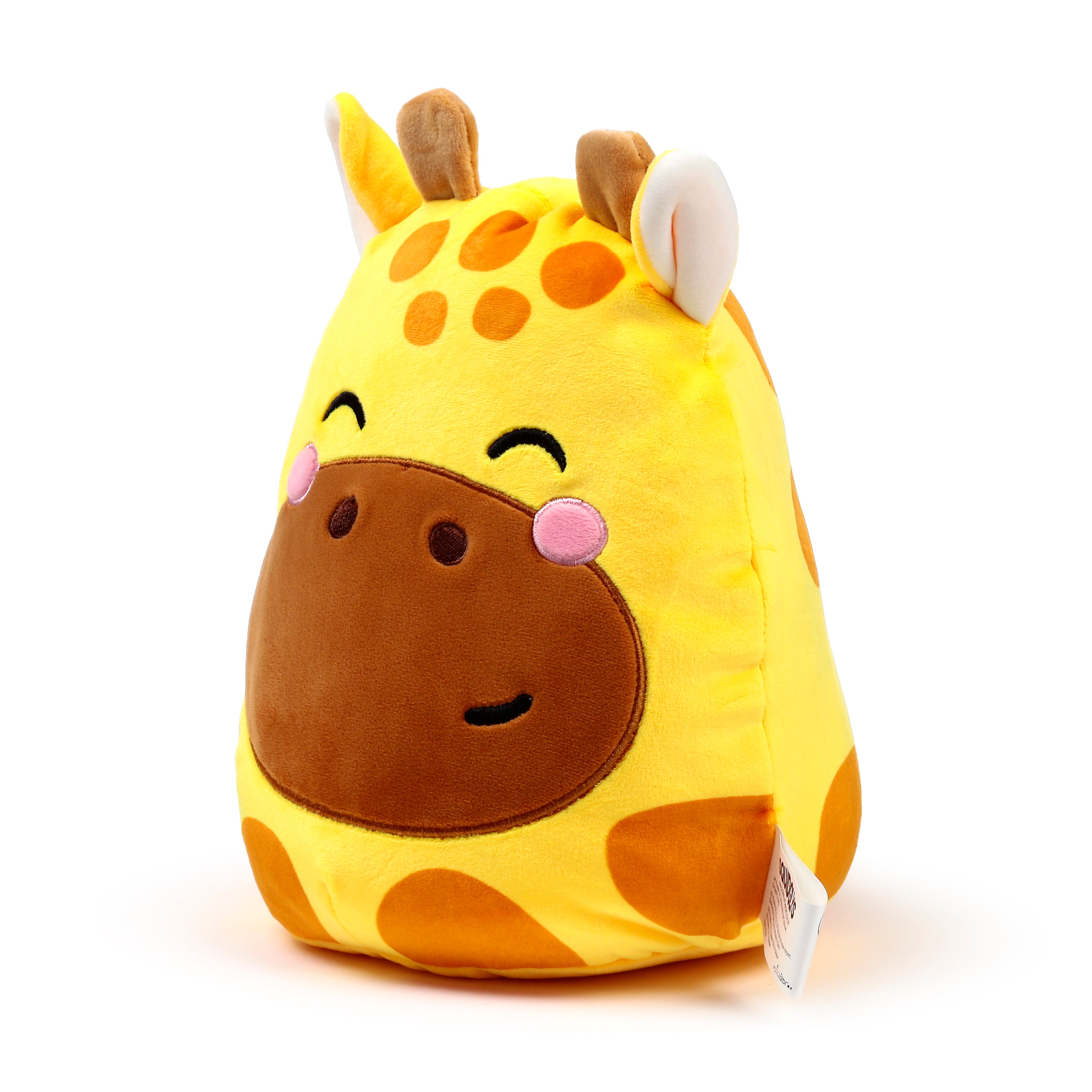 Squidglys Raffi the Giraffe plush toy with yellow fur, brown spots, and pink cheeks right.