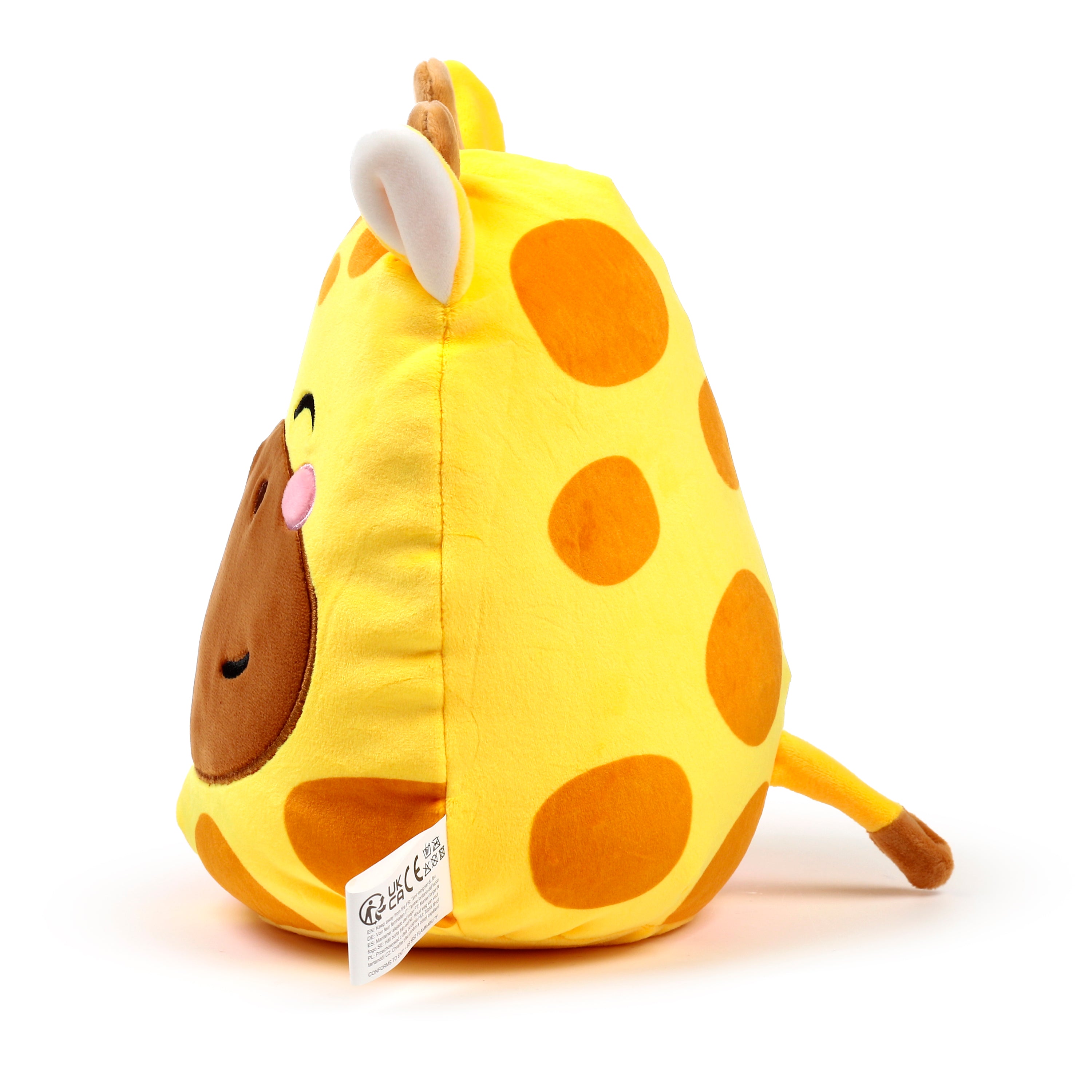 Squidglys Raffi the Giraffe plush toy with yellow fur, brown spots, and pink cheeks right profile.