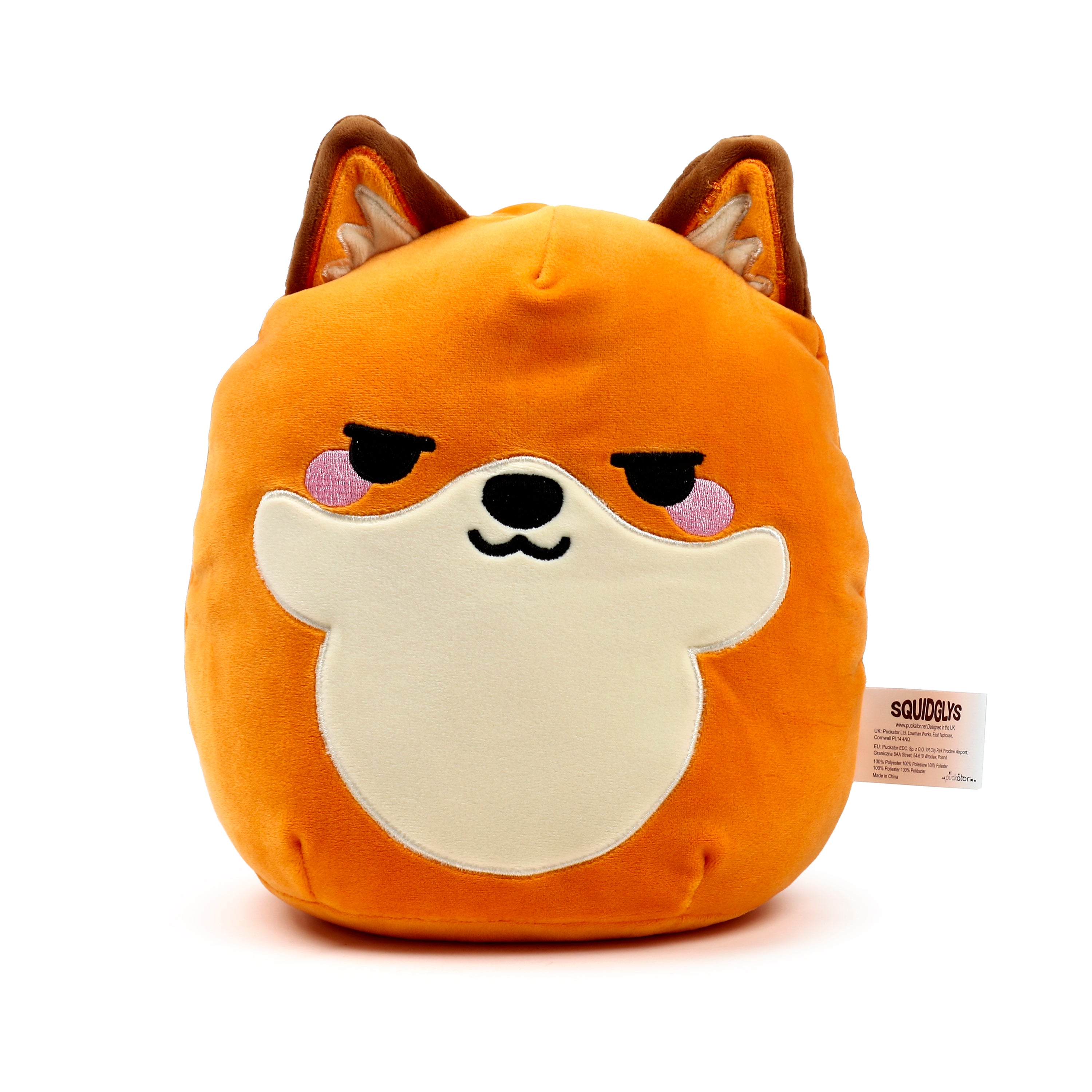Squidglys Finnick the Fox plush toy with ginger orange fur and a winking face front.