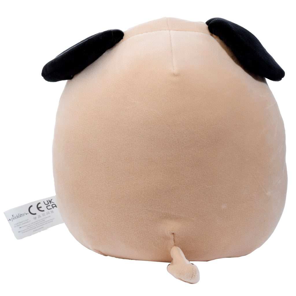 Squidglys Gus the Pug plush toy with tan fur, black floppy ears back