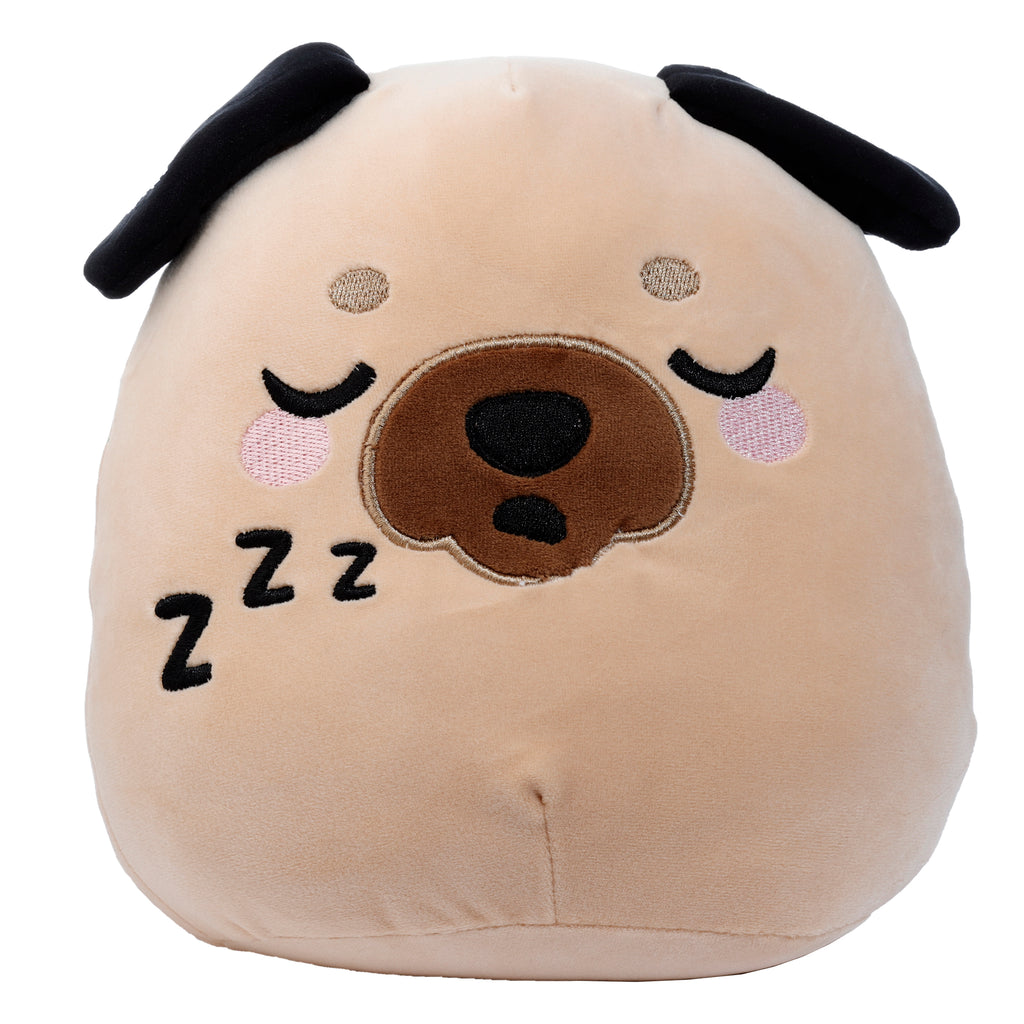 Squidglys Gus the Pug plush toy with tan fur, black floppy ears front