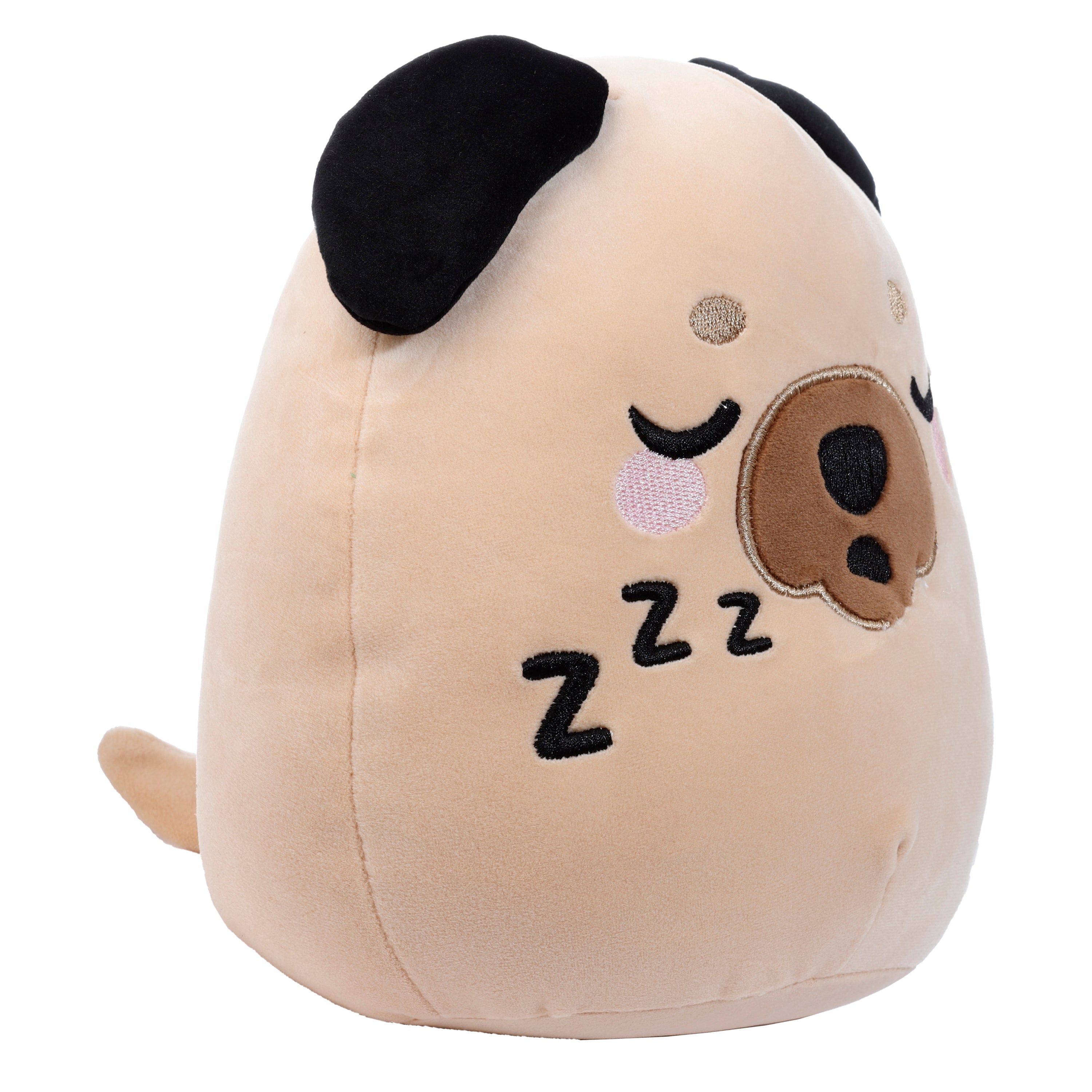 Squidglys Gus the Pug plush toy with tan fur, black floppy ears left
