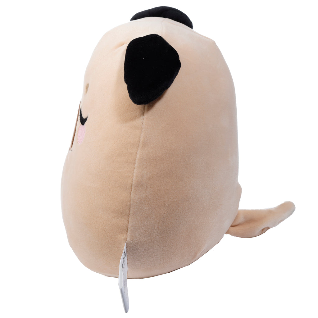Squidglys Gus the Pug plush toy with tan fur, black floppy ears profile right