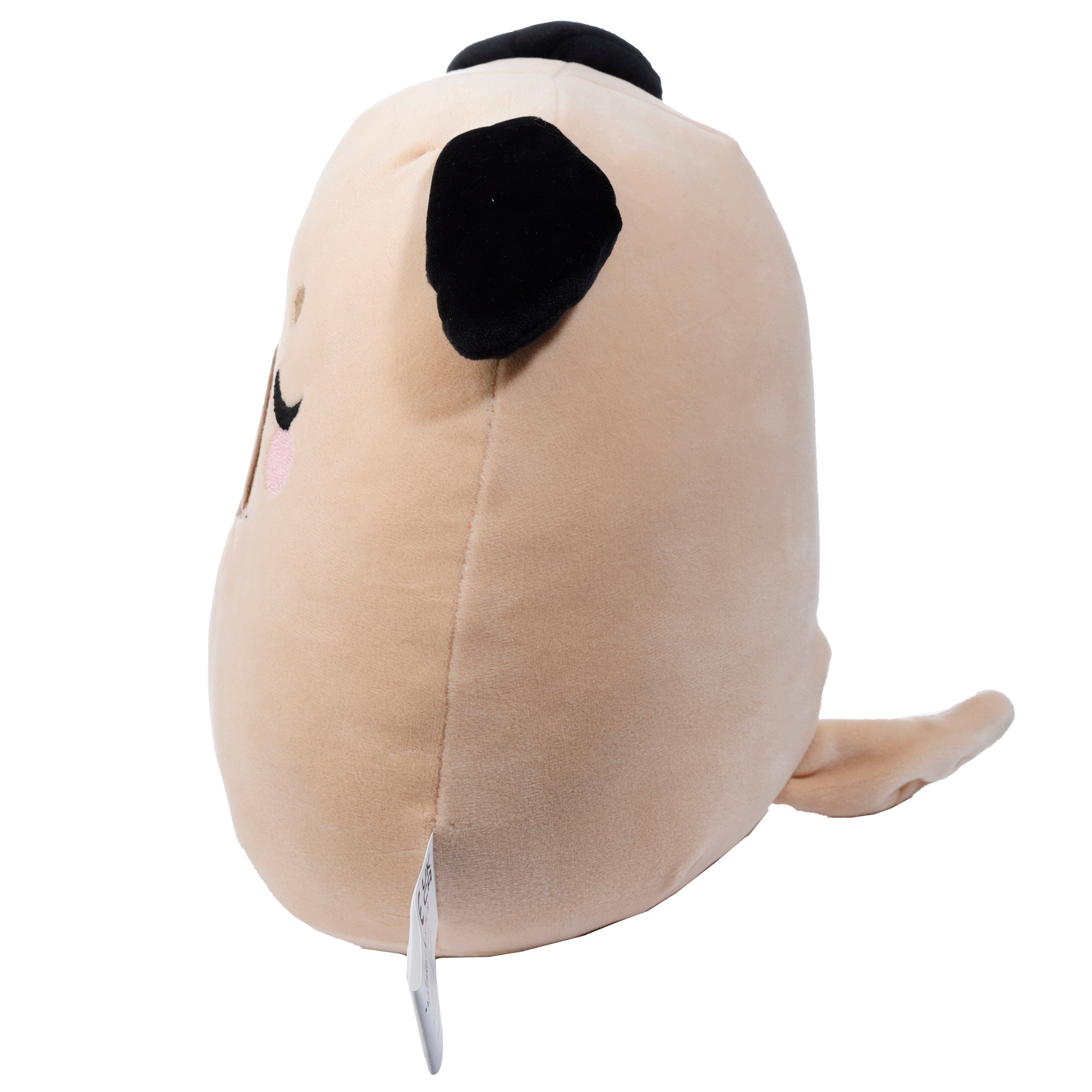 Squidglys Gus the Pug plush toy with tan fur, black floppy ears profile right