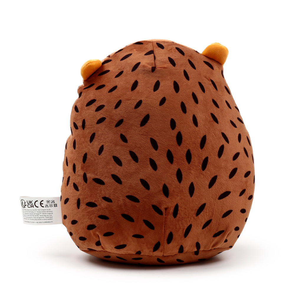 Squidglys Mitzi the Hedgehog plush toy in soft brown Velboa with a winking face back.