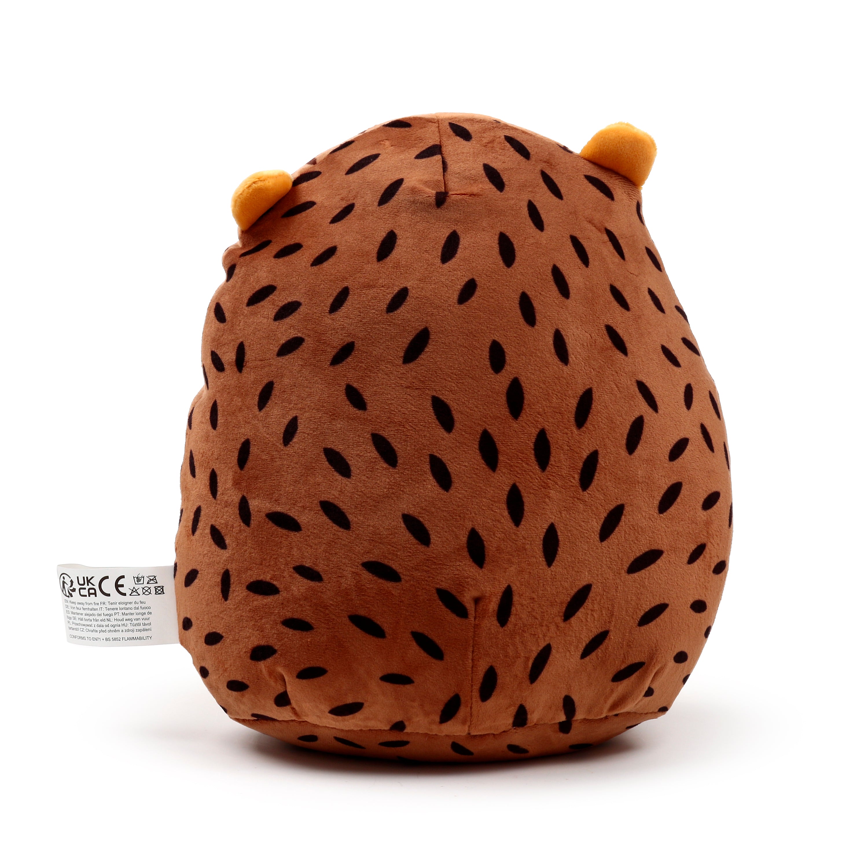 Squidglys Mitzi the Hedgehog plush toy in soft brown Velboa with a winking face back.
