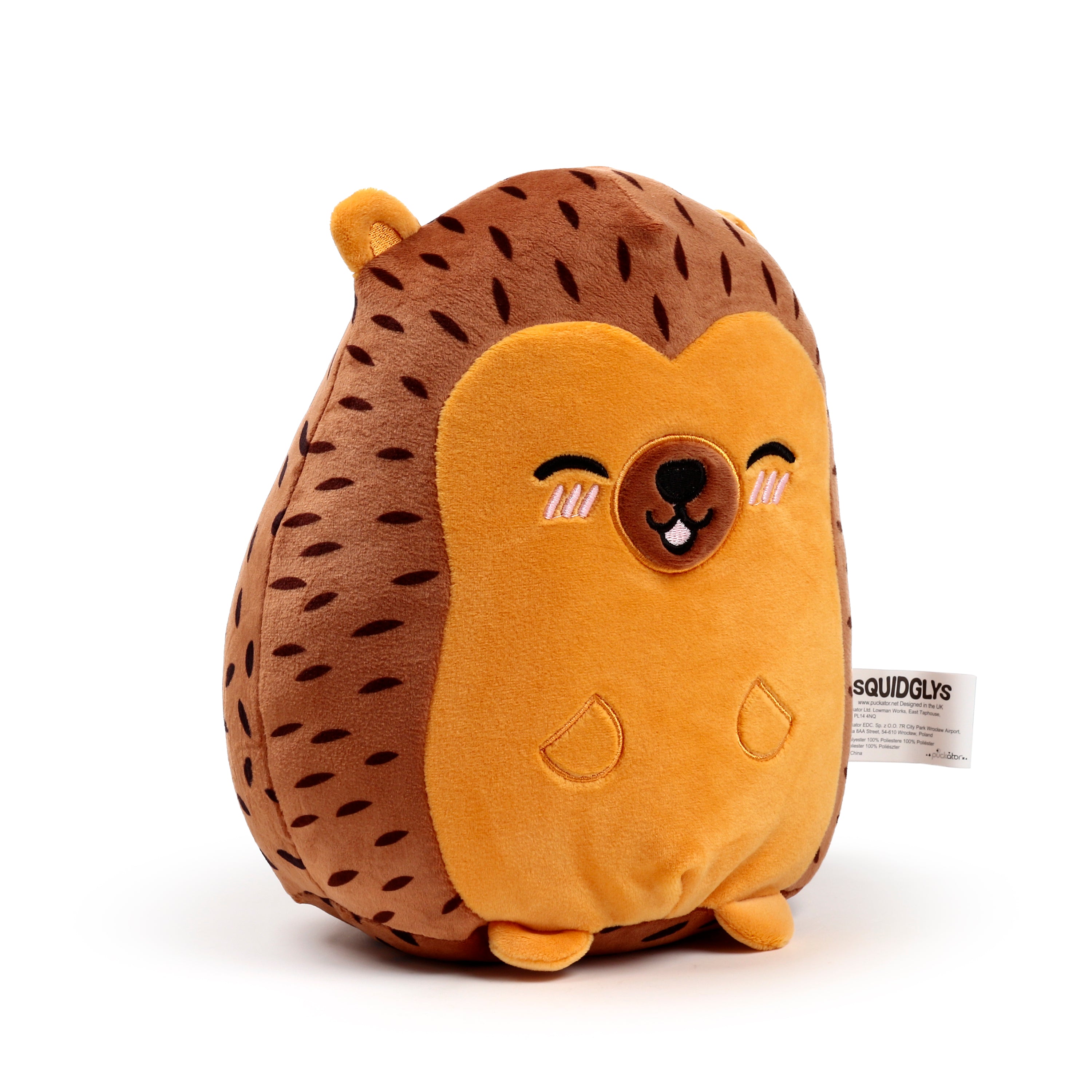 Squidglys Mitzi the Hedgehog plush toy in soft brown Velboa with a winking face left.