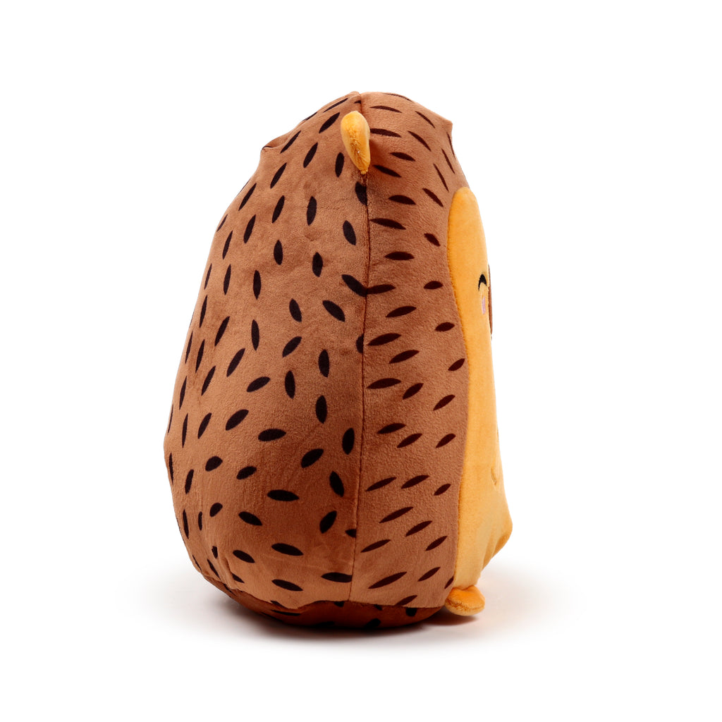 Squidglys Mitzi the Hedgehog plush toy in soft brown Velboa with a winking face side left.