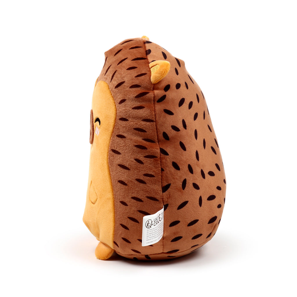 Squidglys Mitzi the Hedgehog plush toy in soft brown Velboa with a winking face side right.