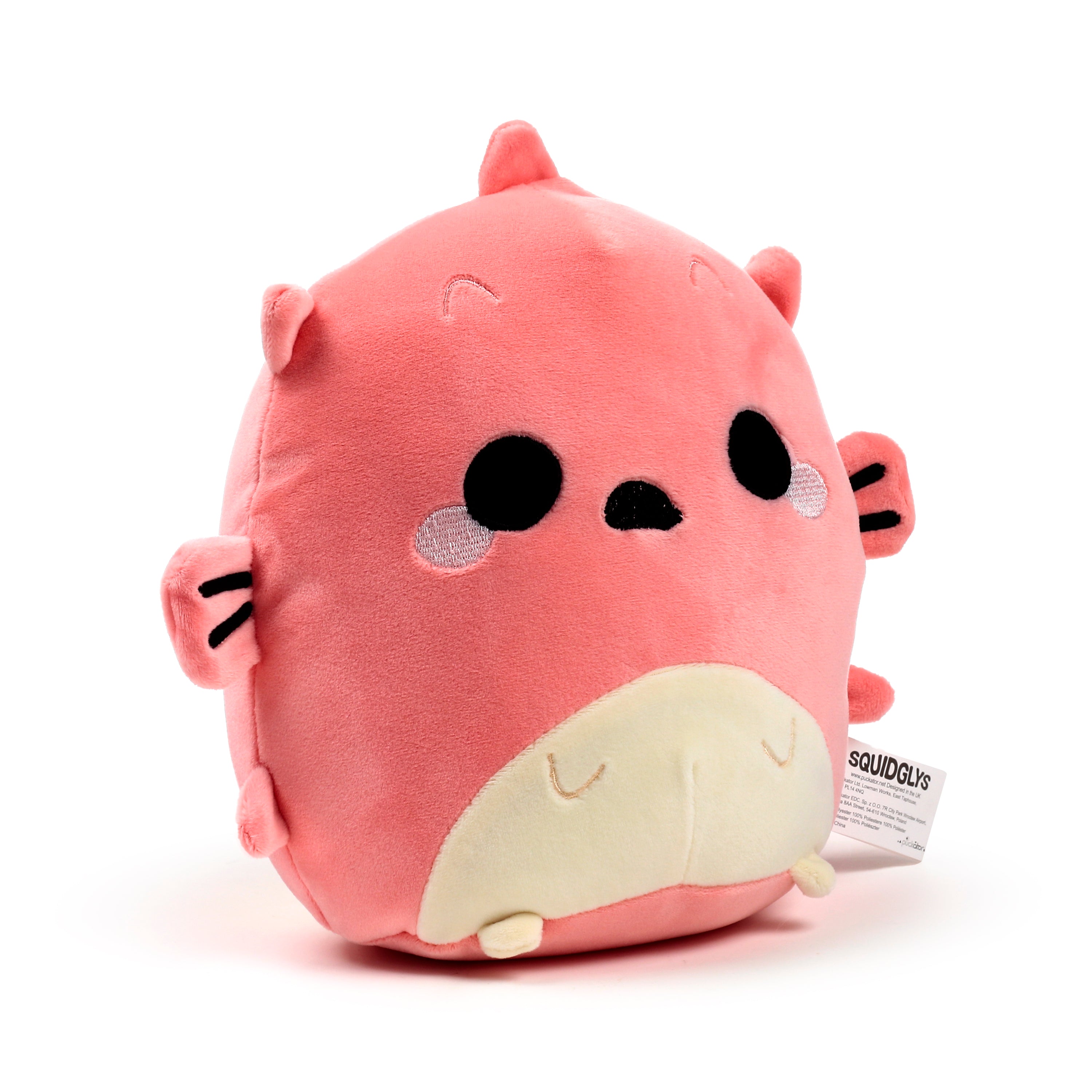Side view of the round Adoramals Ocean pufferfish plush showing soft fins left.