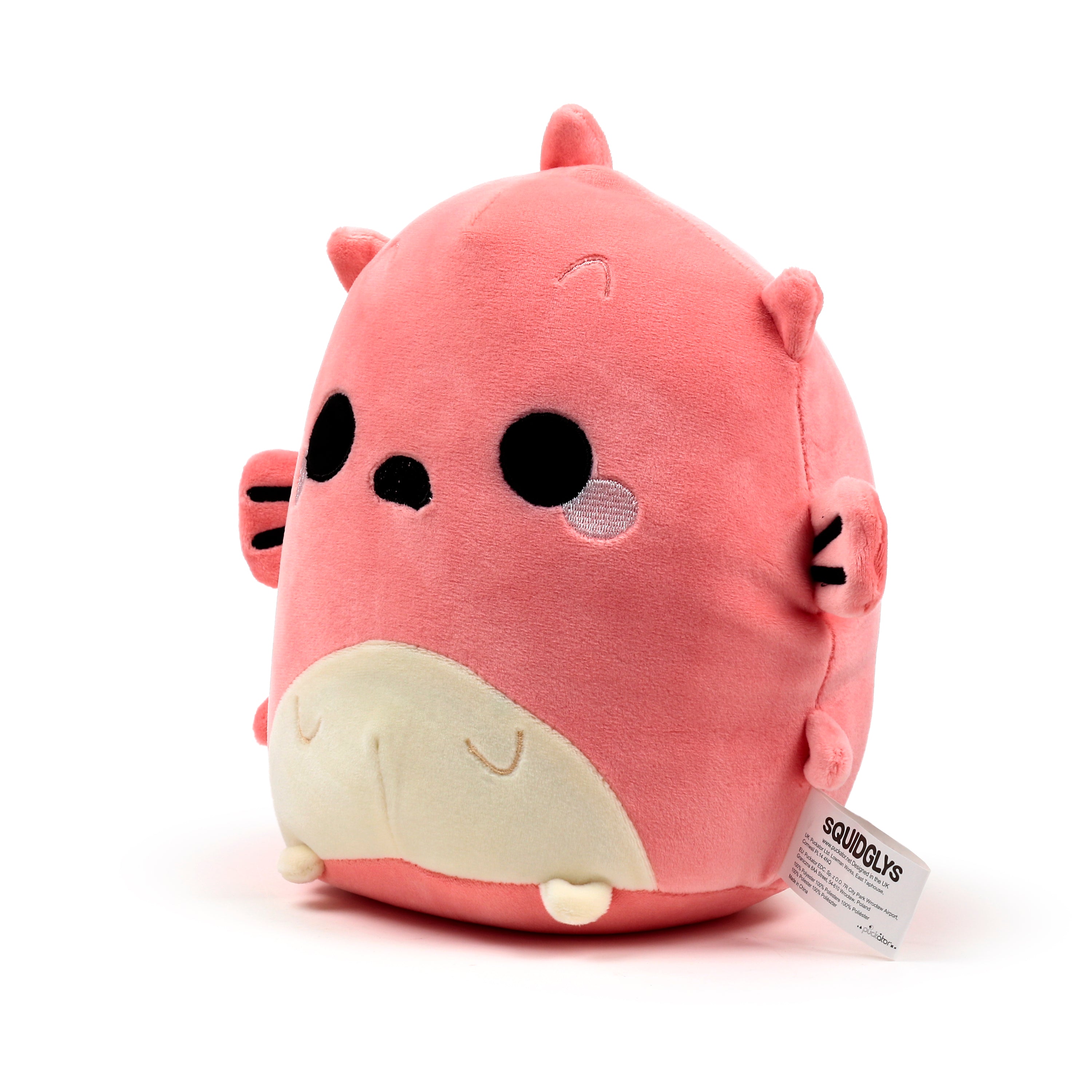 Side view of the round Adoramals Ocean pufferfish plush showing soft fins right.