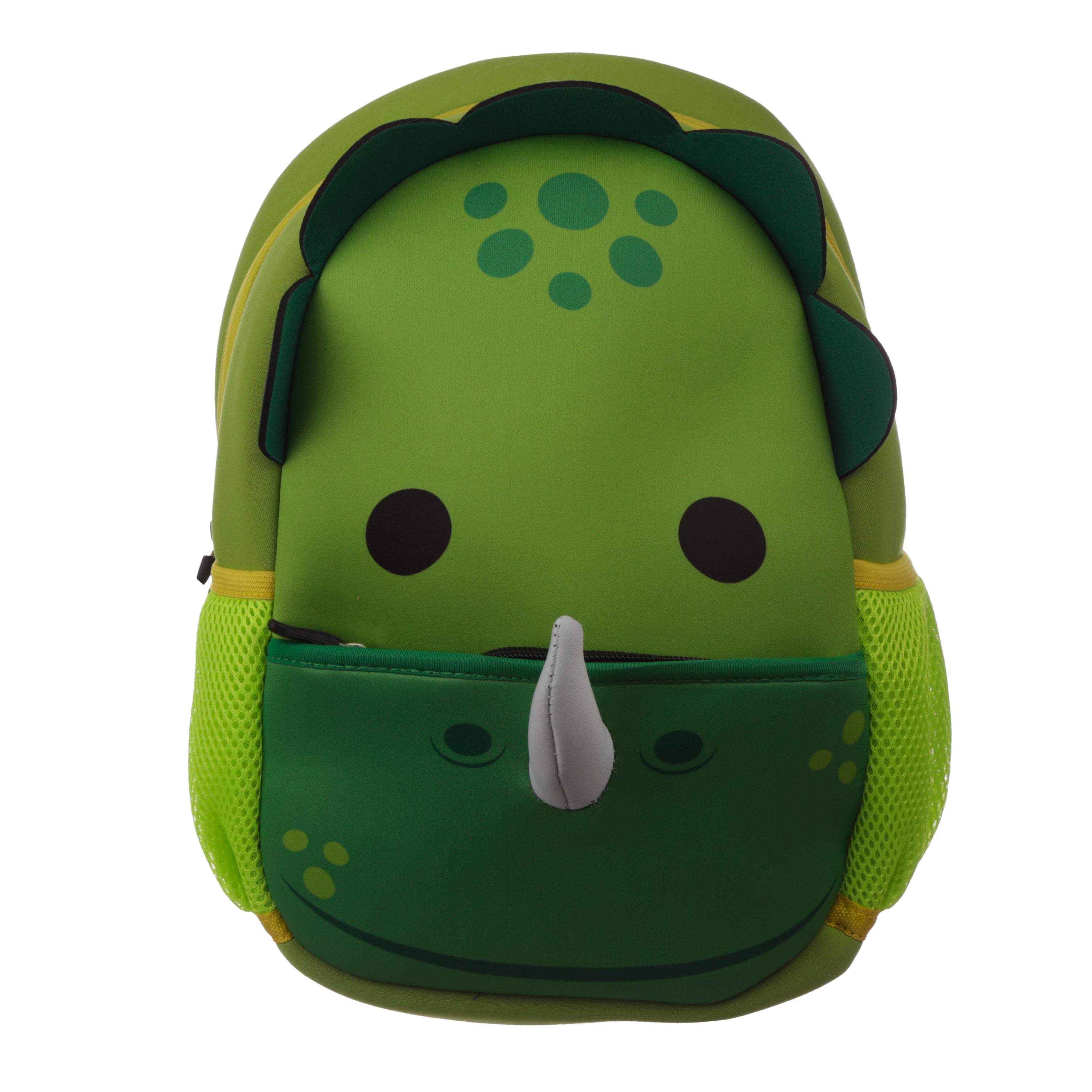 Adoramals Dinosaur neoprene kids backpack with 3D green spikes and horns.