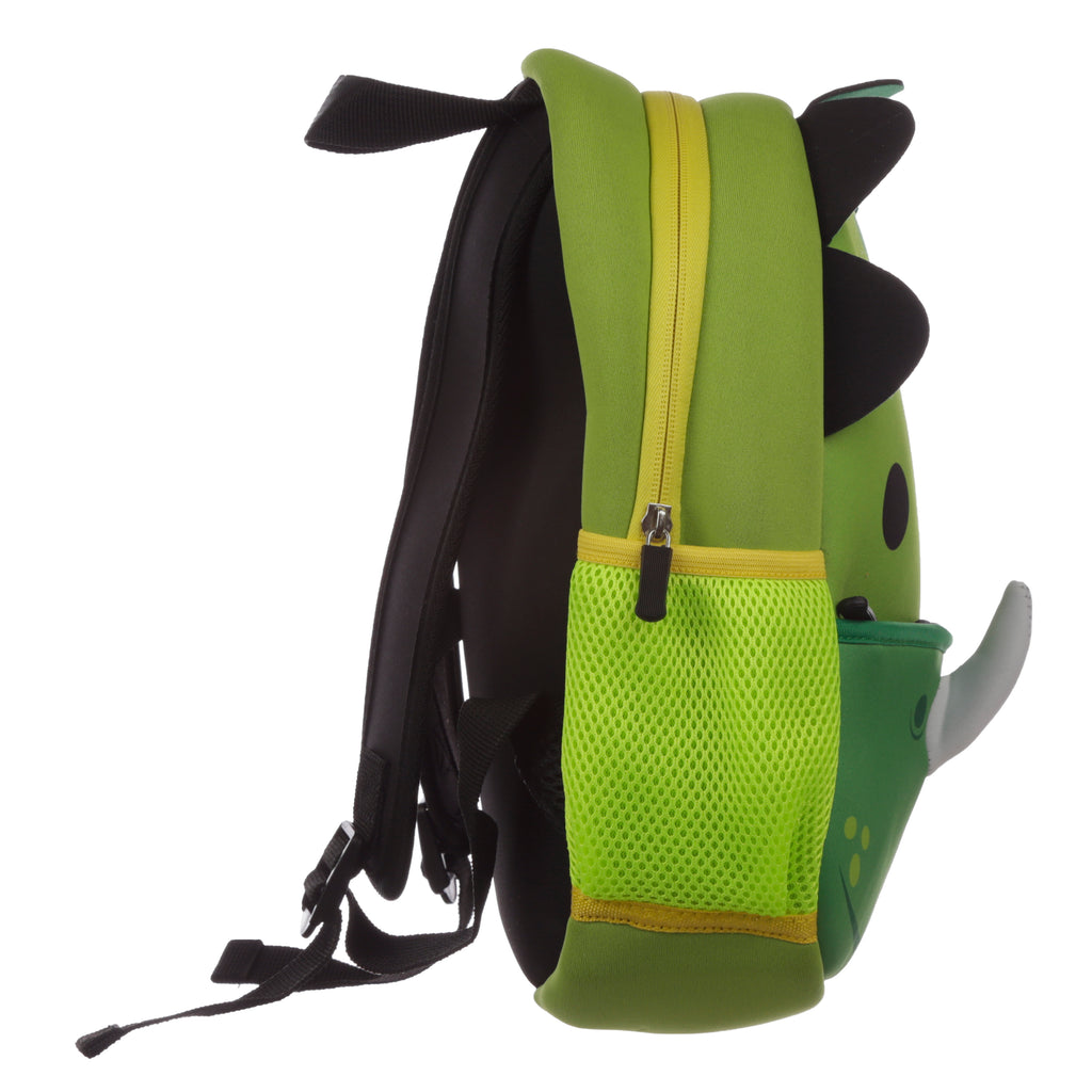 Dino toddler bag showing stretchy side mesh pockets for water bottles.